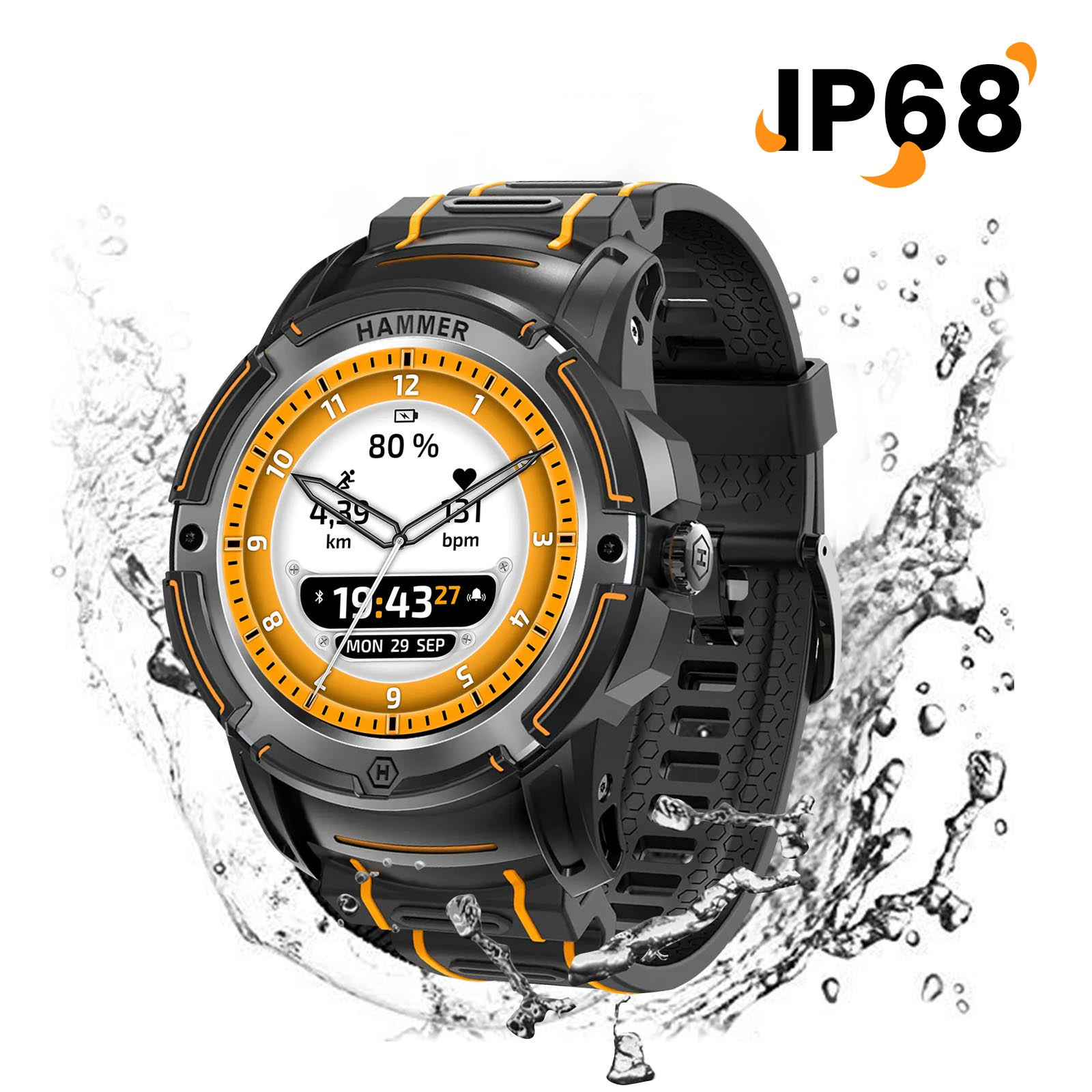 Schwarz-orange Smartwatch mit IP68-Zertifizierung. Zeigt Zeit, Akku und Gesundheitsmetriken mit Wasserspritzern.