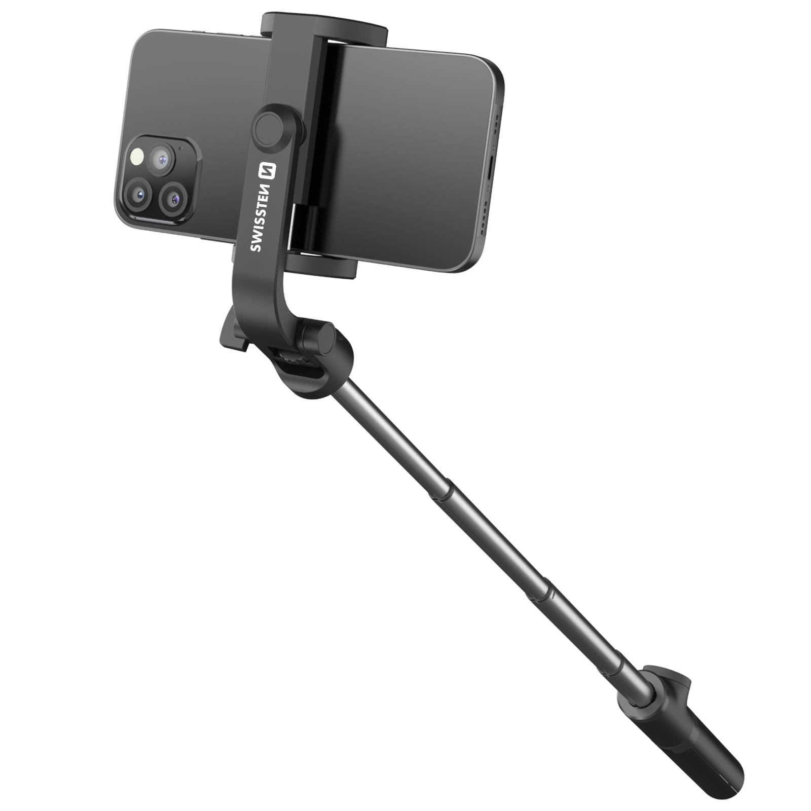 Bastone per selfie nero che tiene un telefono.