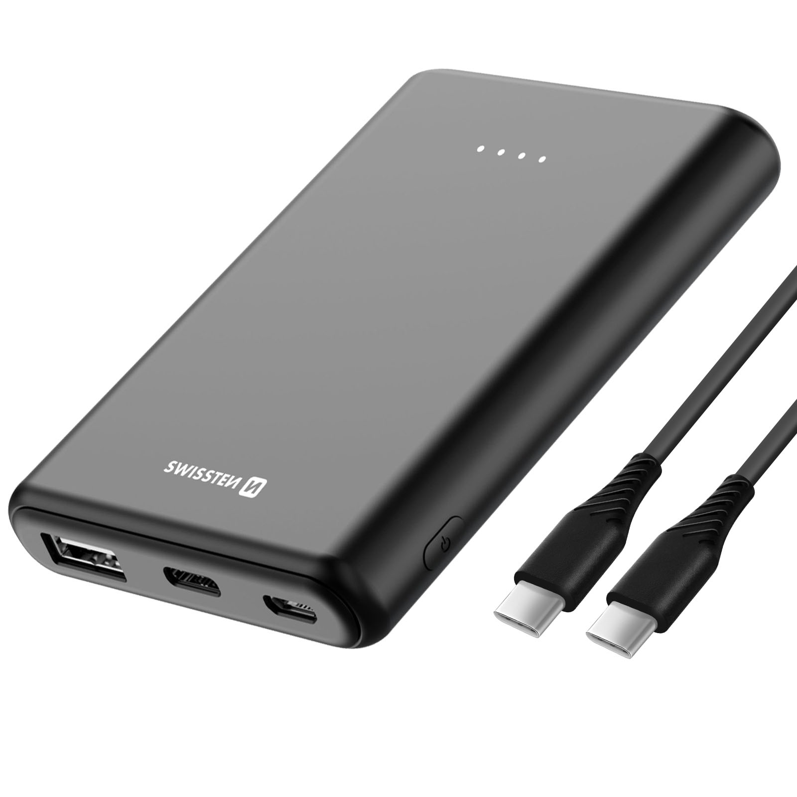 Power bank nero con due cavi USB-C e porta USB. Sfondo bianco.