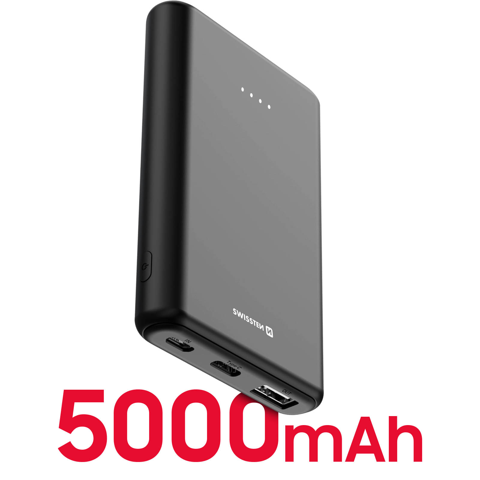 Power bank nera con testo bianco e testo rosso '5000mAh' in basso.