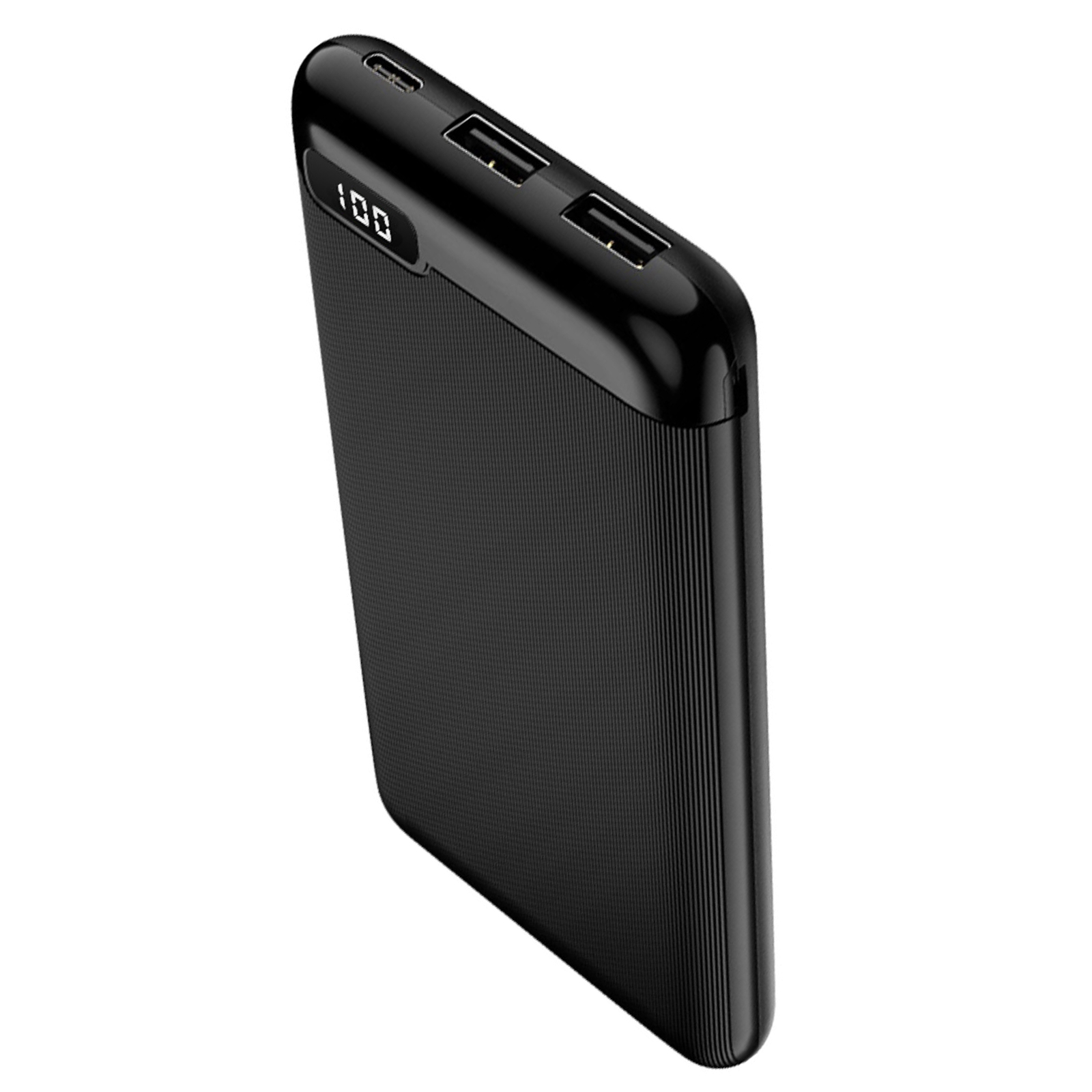 Schwarze Powerbank mit Anzeige 100%. Strukturierte Oberfläche.