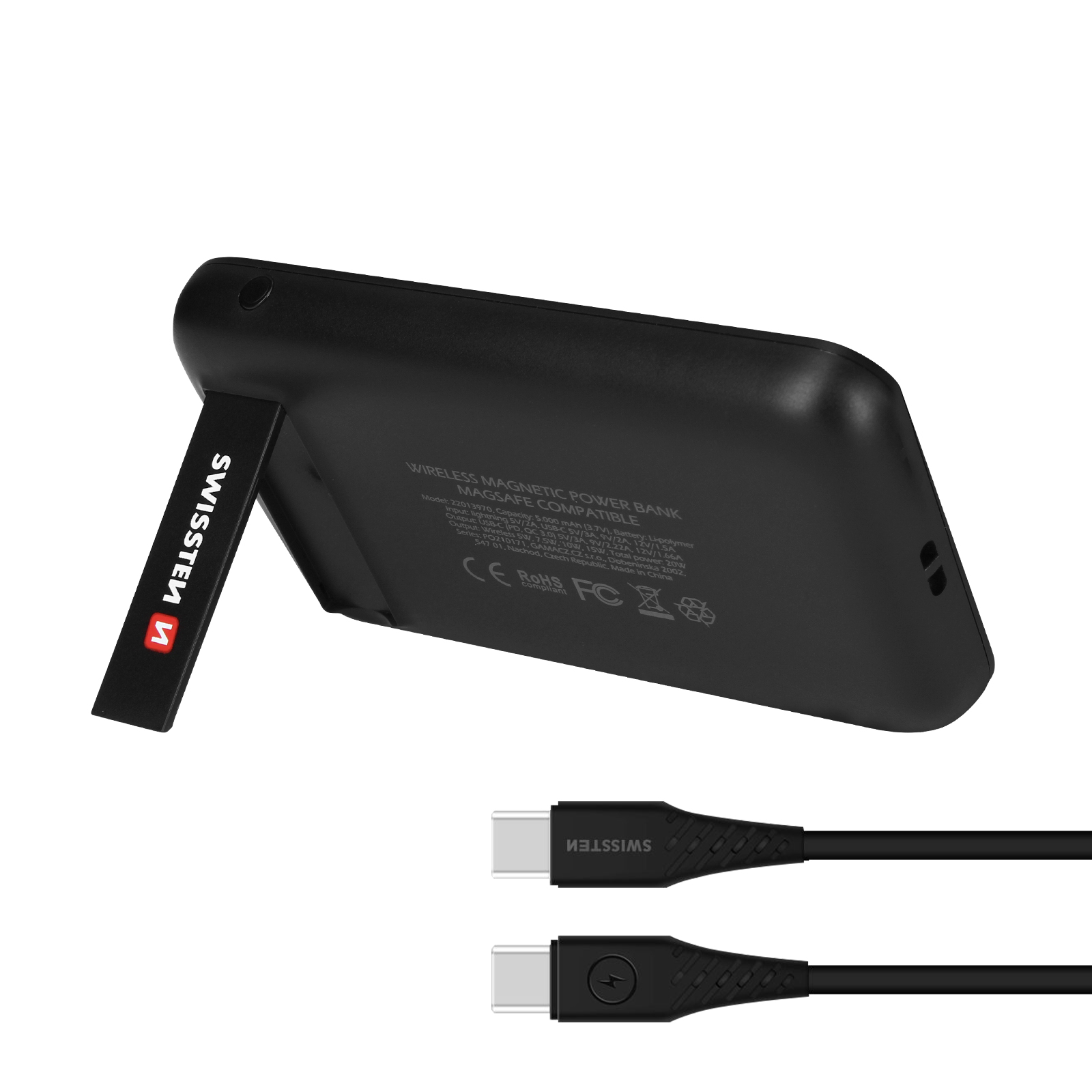 Eine schwarze kabellose magnetische Powerbank mit Ständer und zwei USB-C-Kabeln.