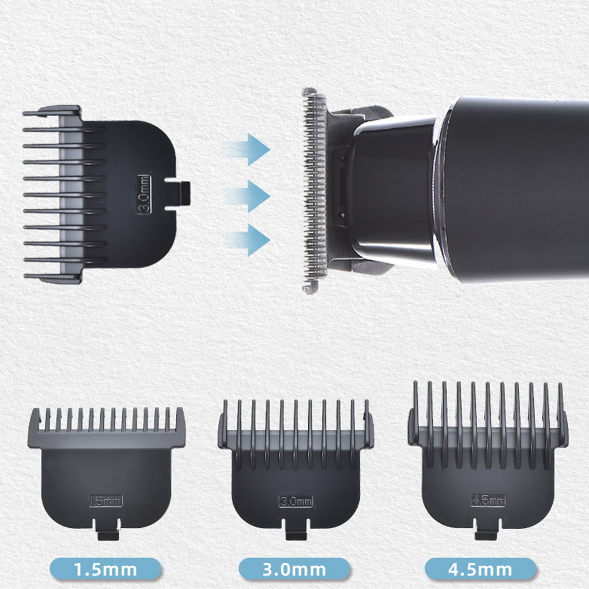 Haarschneidemaschine mit drei Aufsätzen, die unterschiedliche Schnittlängen zeigen: 1,5 mm, 3,0 mm, 4,5 mm.