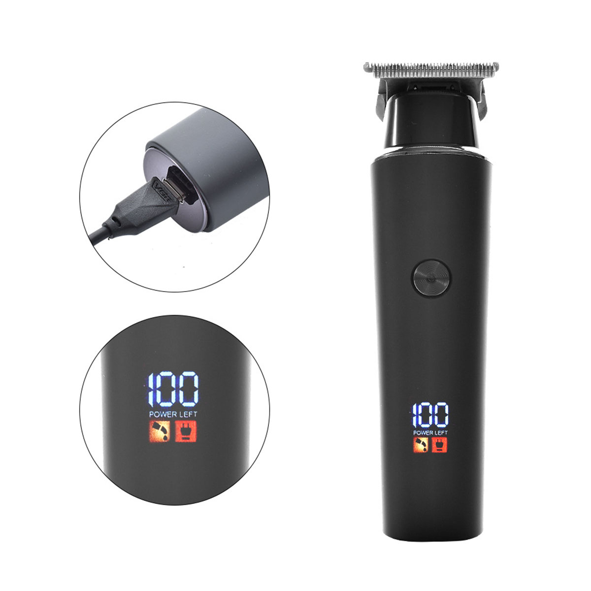 Schwarzer Haarschneider mit Anzeige des Leistungspegels. USB-Anschluss und Ladebildschirm sichtbar.