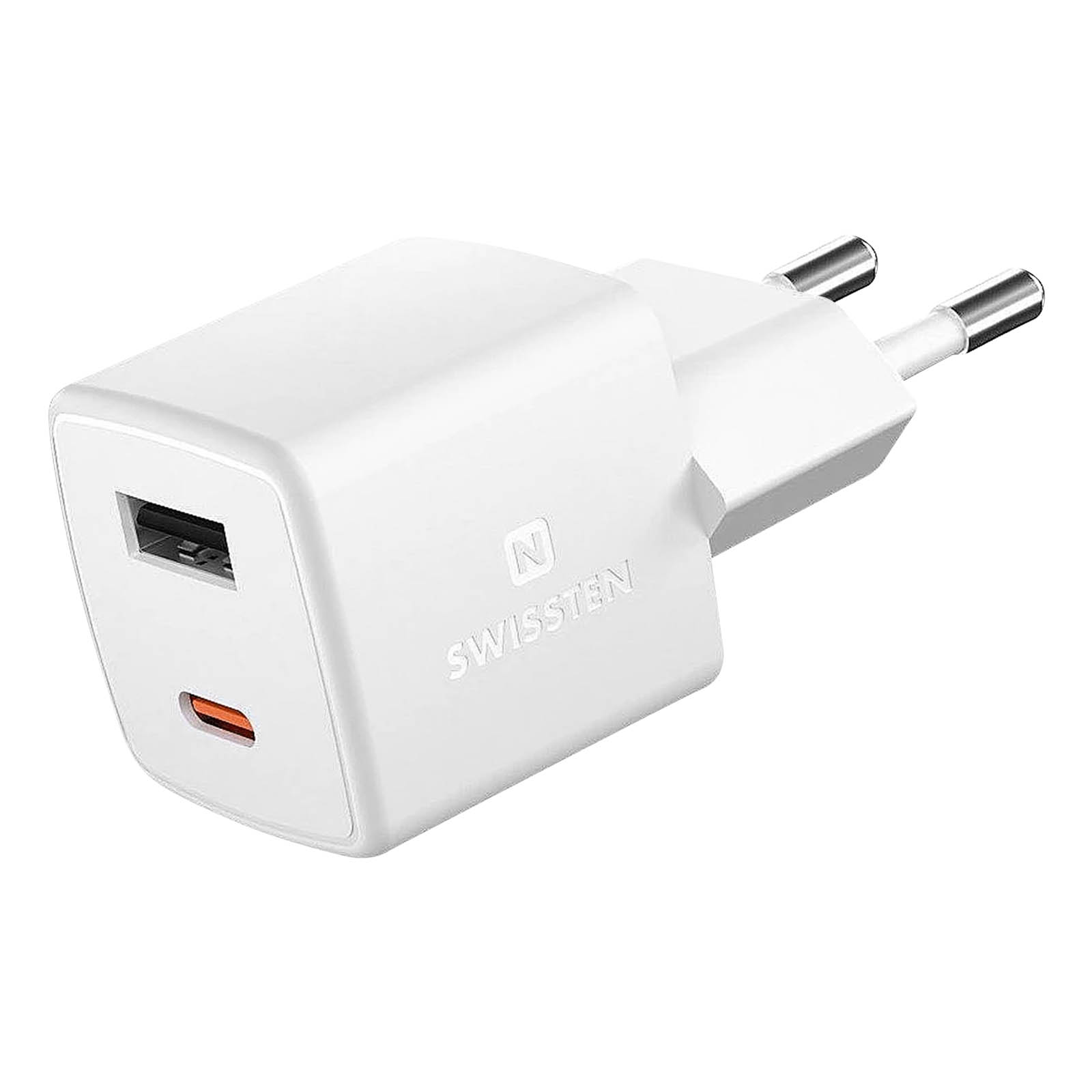 Caricatore USB bianco con porta USB e pin. Il marchio è Swiss. Sfondo bianco.