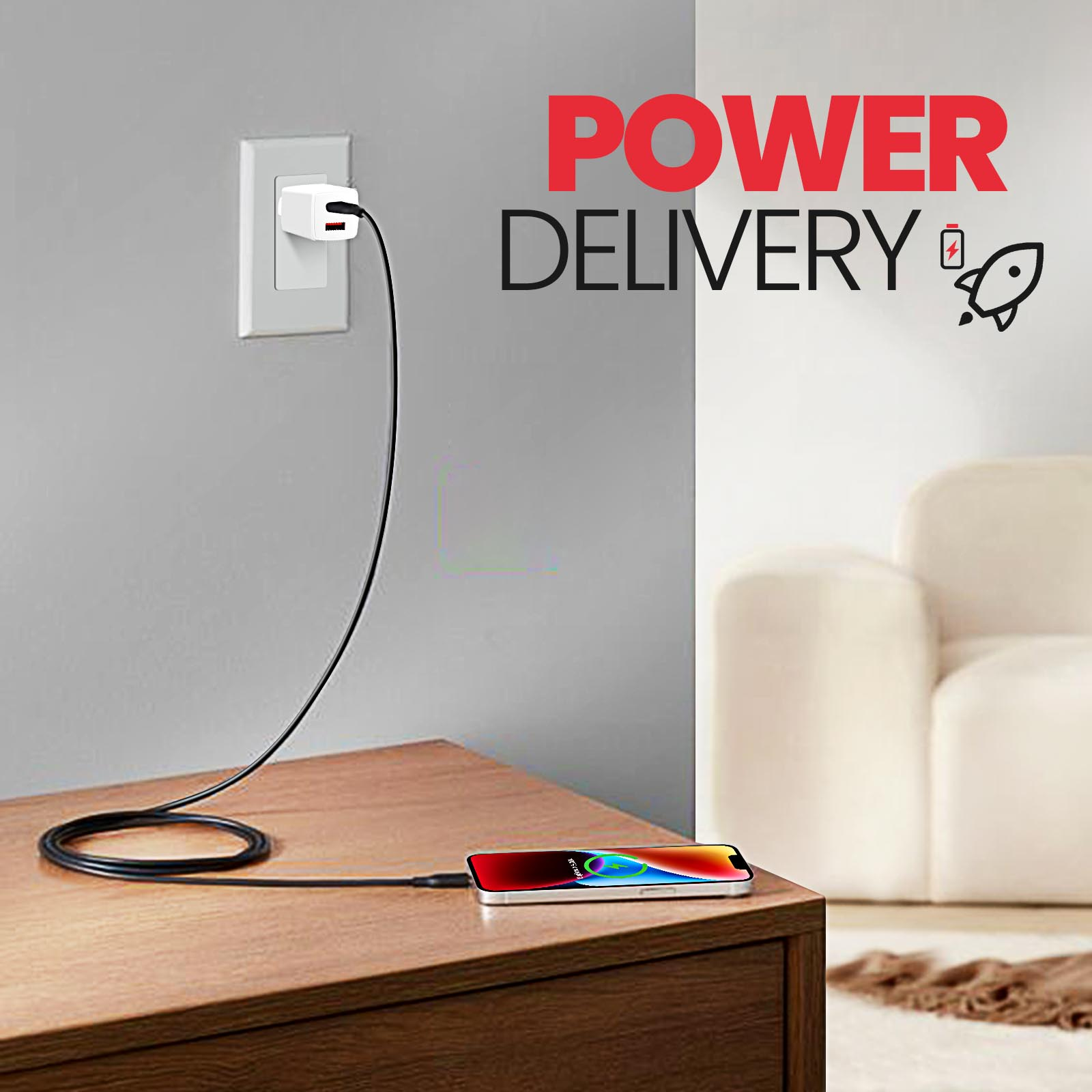 Un telefono si sta caricando su un tavolo di legno. Le parole POWER DELIVERY sono sopra.