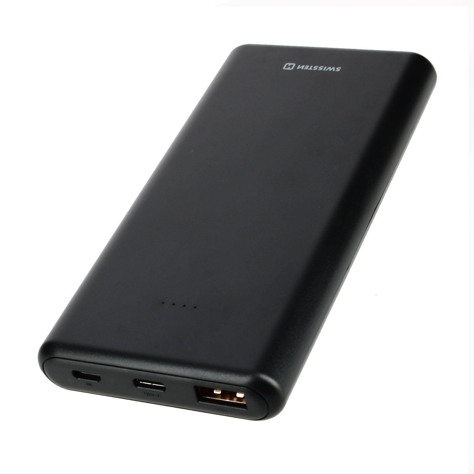 Schwarze Powerbank mit Logo. Drei Kontrollleuchten. Weißer Hintergrund.