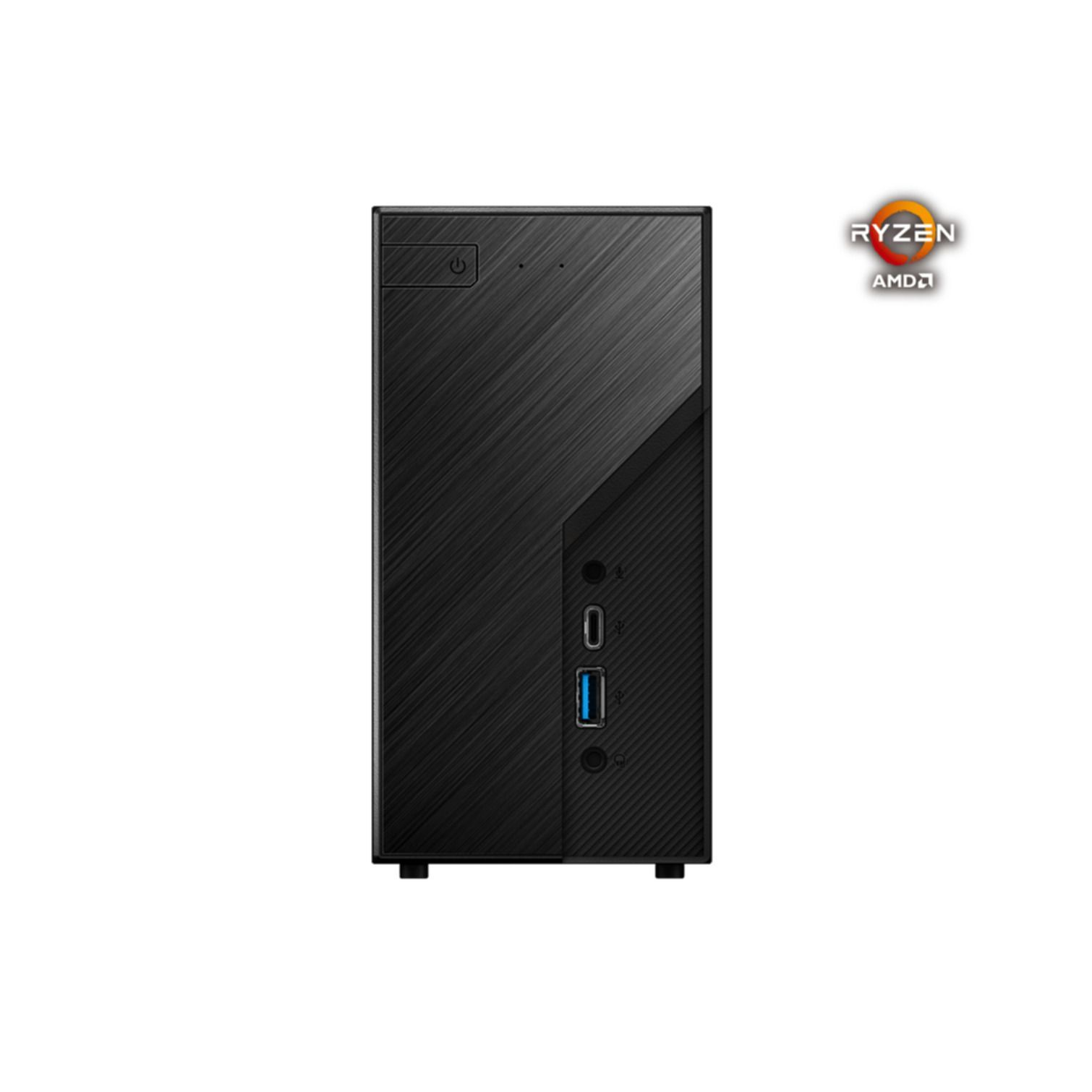 Un case per computer nero con logo AMD Ryzen e porte.