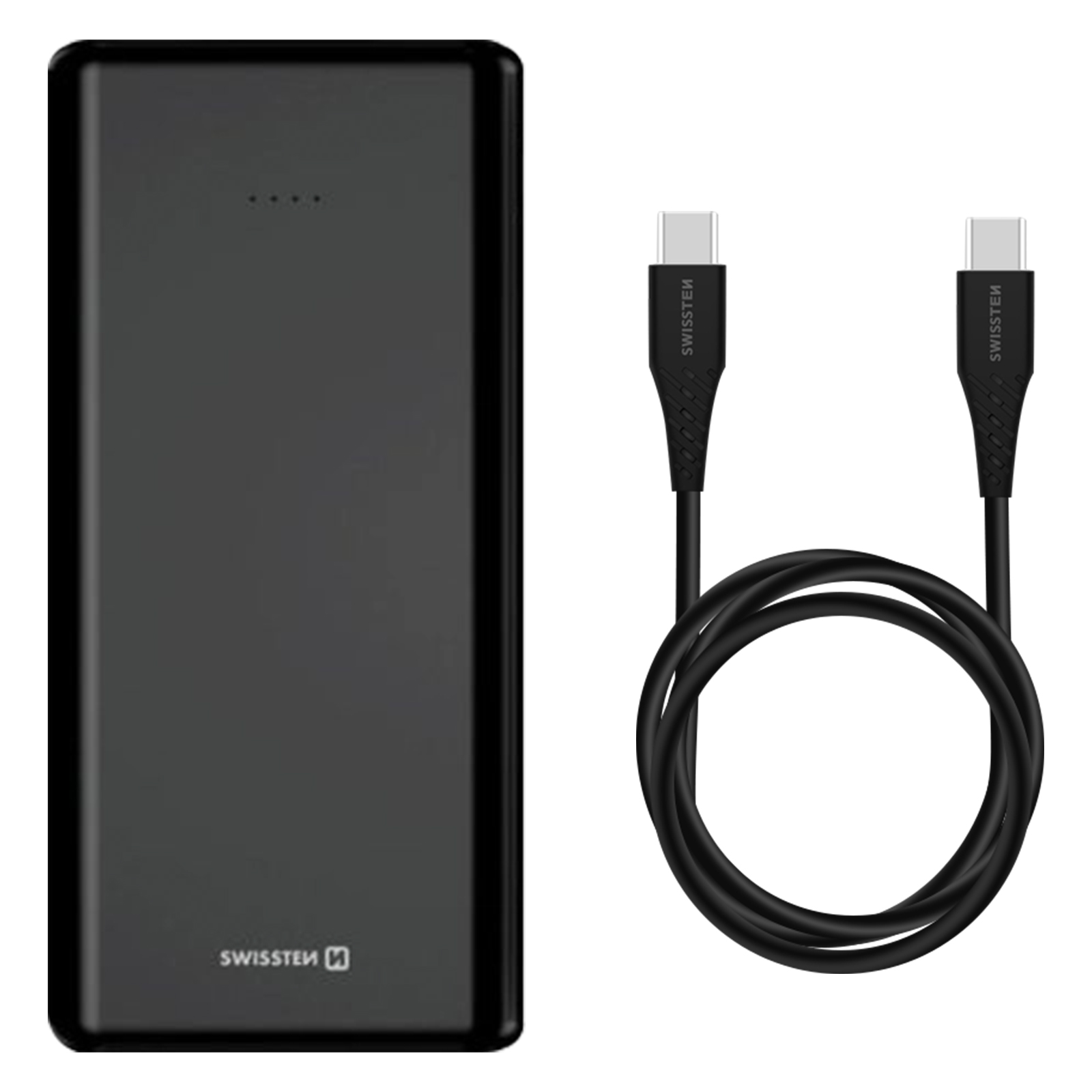 Eine schwarze Powerbank und ein schwarzes USB-C-Kabel auf weißem Hintergrund.