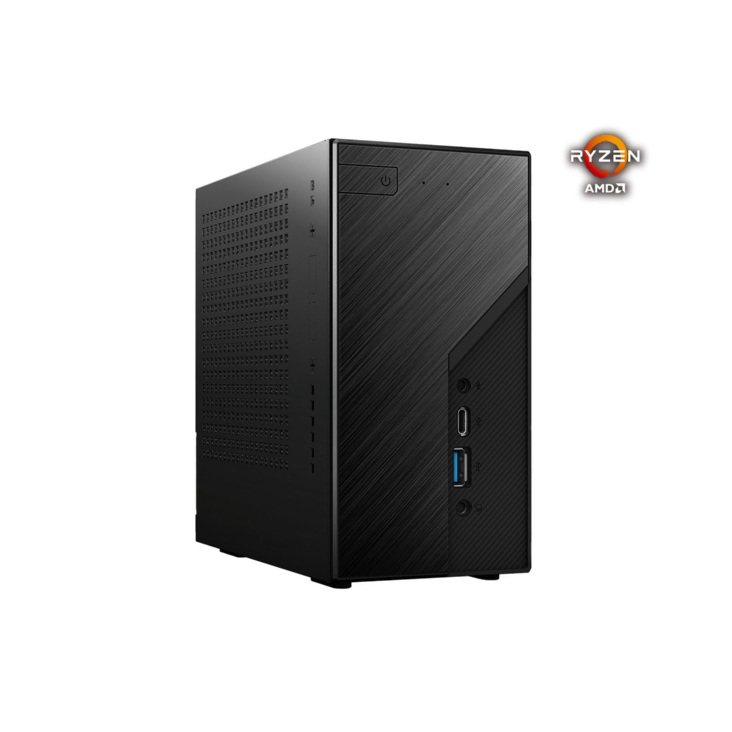 Un case per computer desktop nero con adesivo Ryzen AMD e porte anteriori.