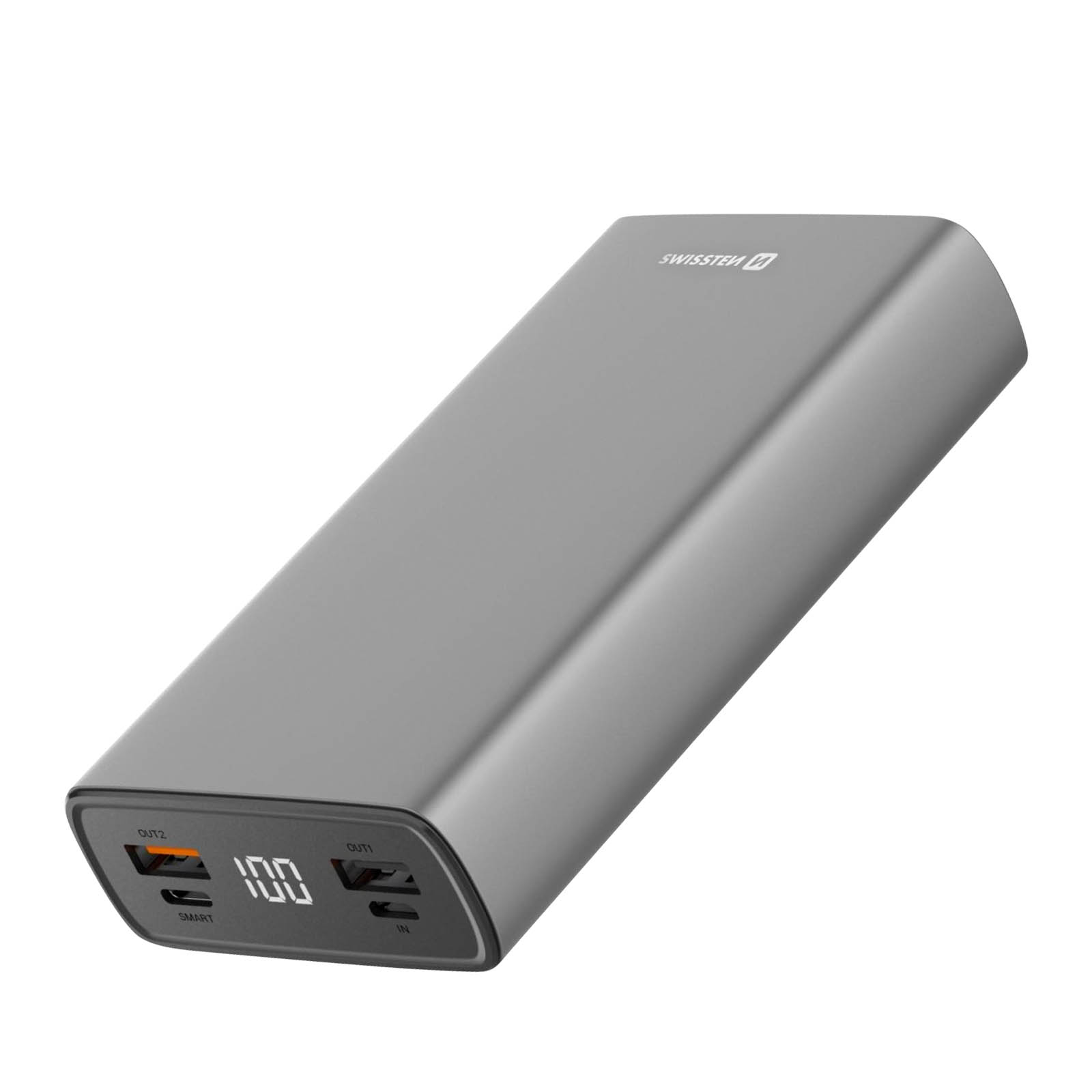Graue Powerbank mit digitaler Anzeige, die 100 % anzeigt. Zwei Ausgangsanschlüsse und Smart-Label.