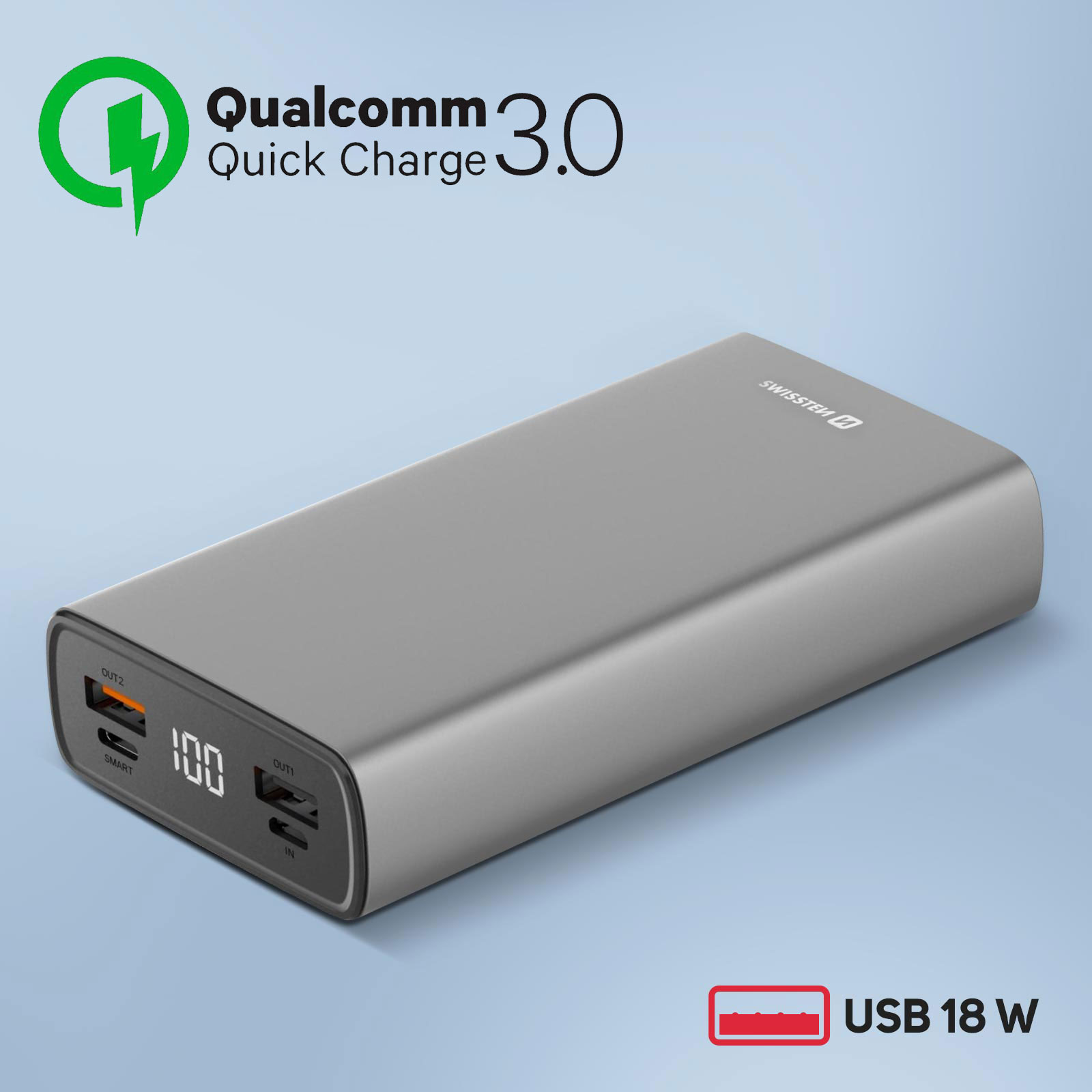 Graue Powerbank mit Qualcomm Quick Charge 3.0, USB 18 W und Digitalanzeige mit 100.