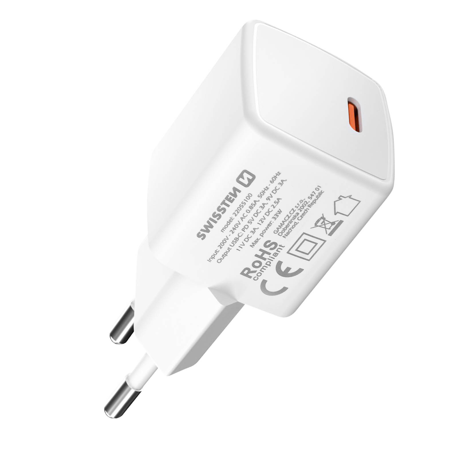 Biała ładowarka z dwoma pinami i pomarańczowym detalem. Ładowarka ma tekst i oznaczenia.