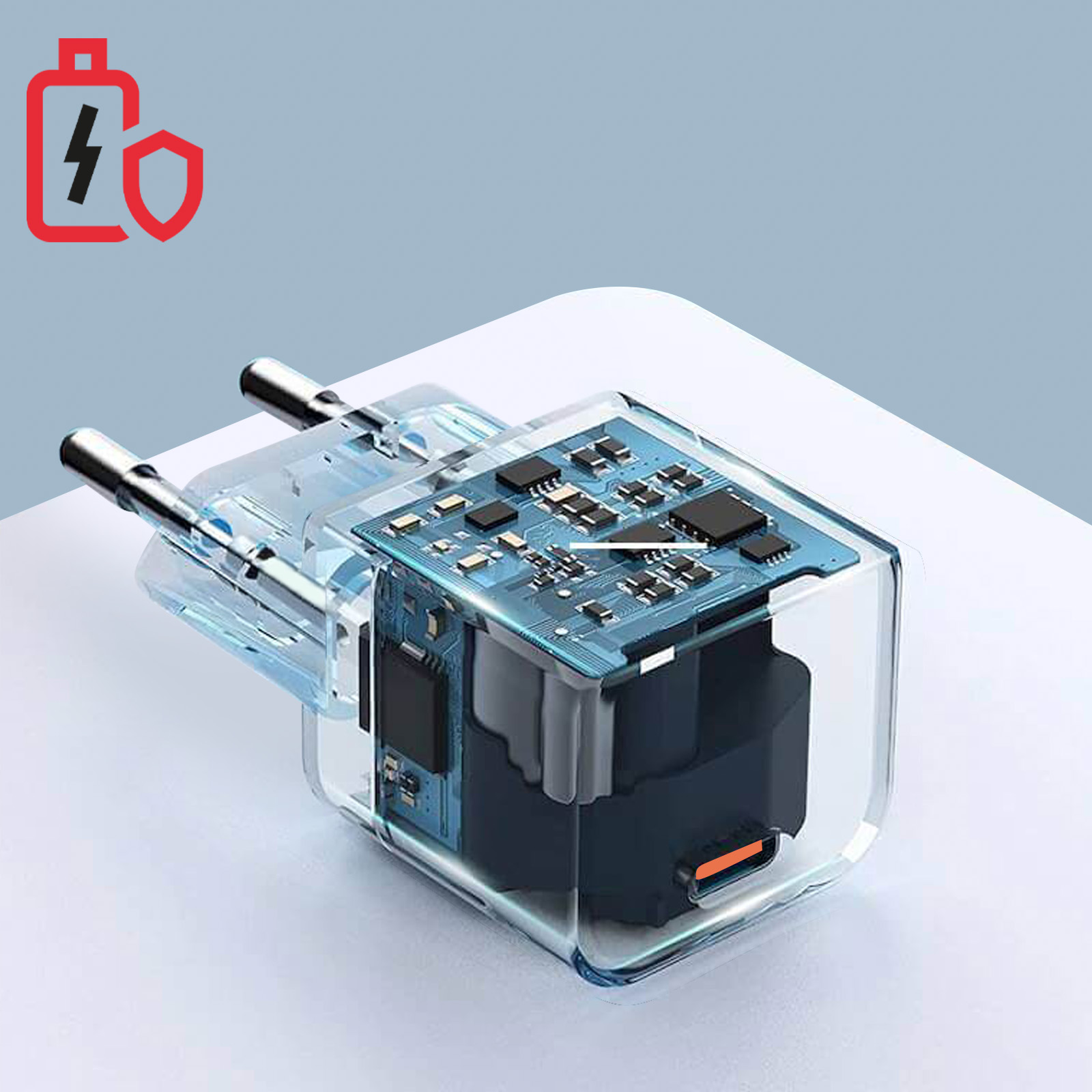 Przezroczysta ładowarka z niebieskim wnętrzem i symbolem ładowania.