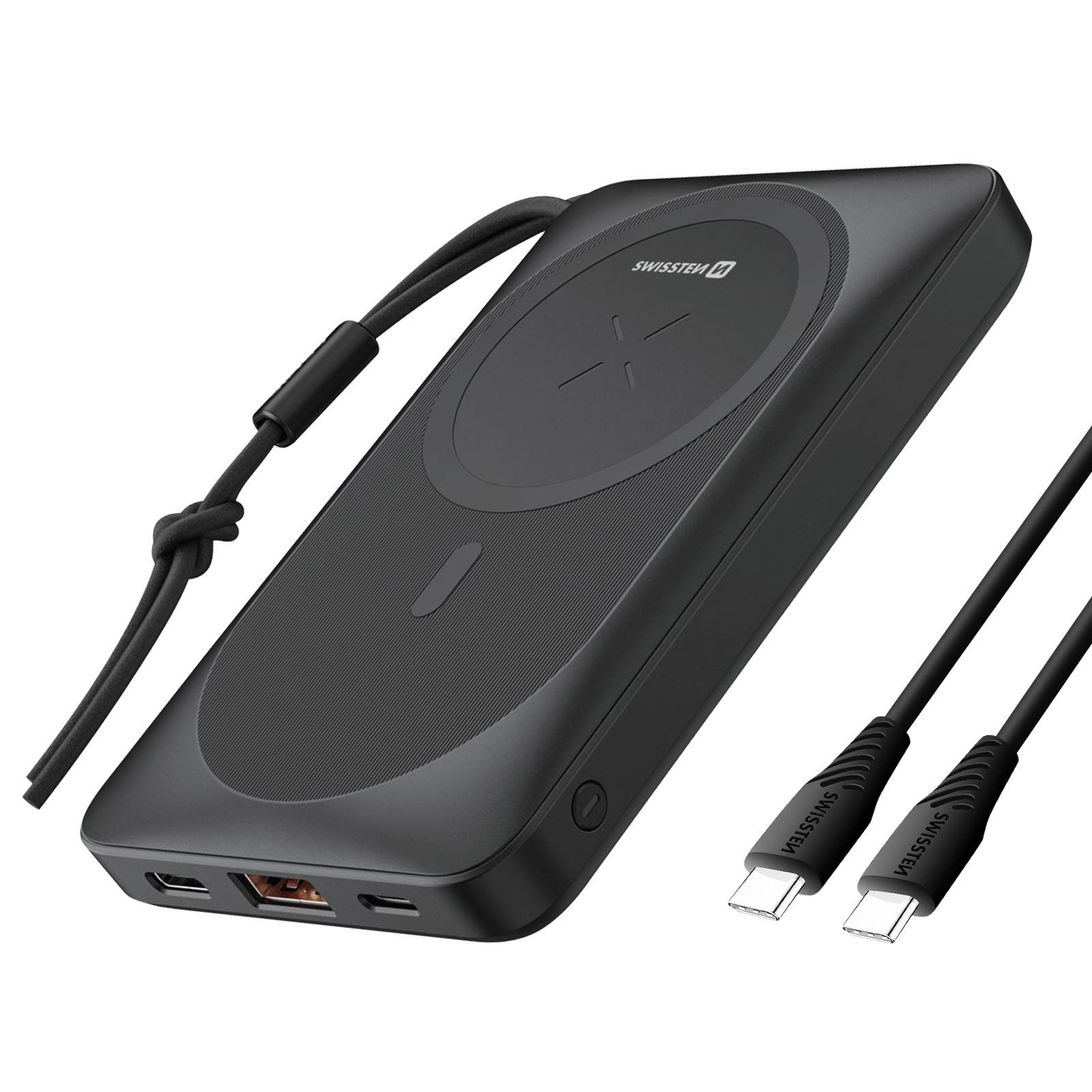 Schwarze Powerbank mit kabellosem Ladekreis. Mit schwarzem Band und USB-Kabeln.