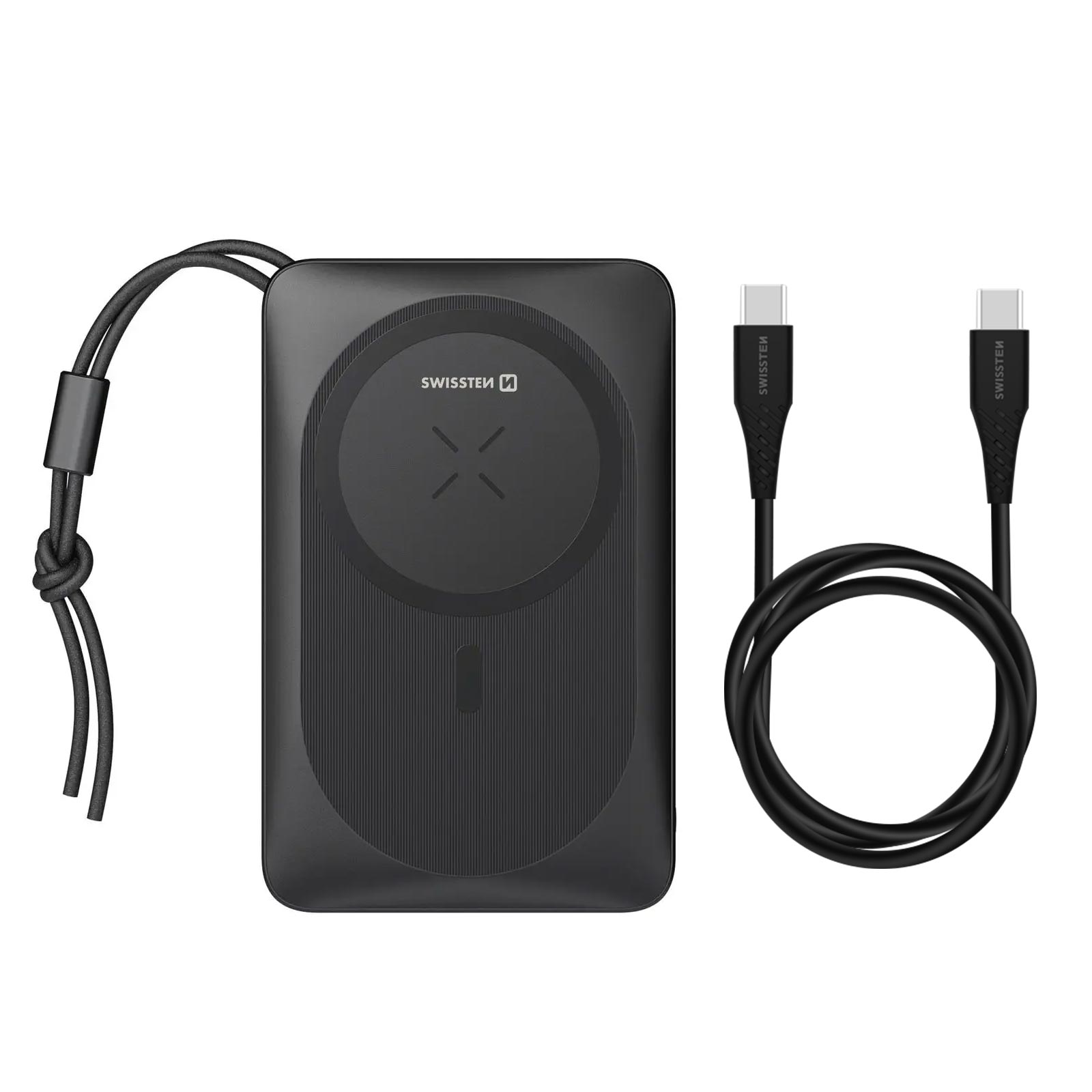 Eine schwarze Powerbank mit Kabeln.