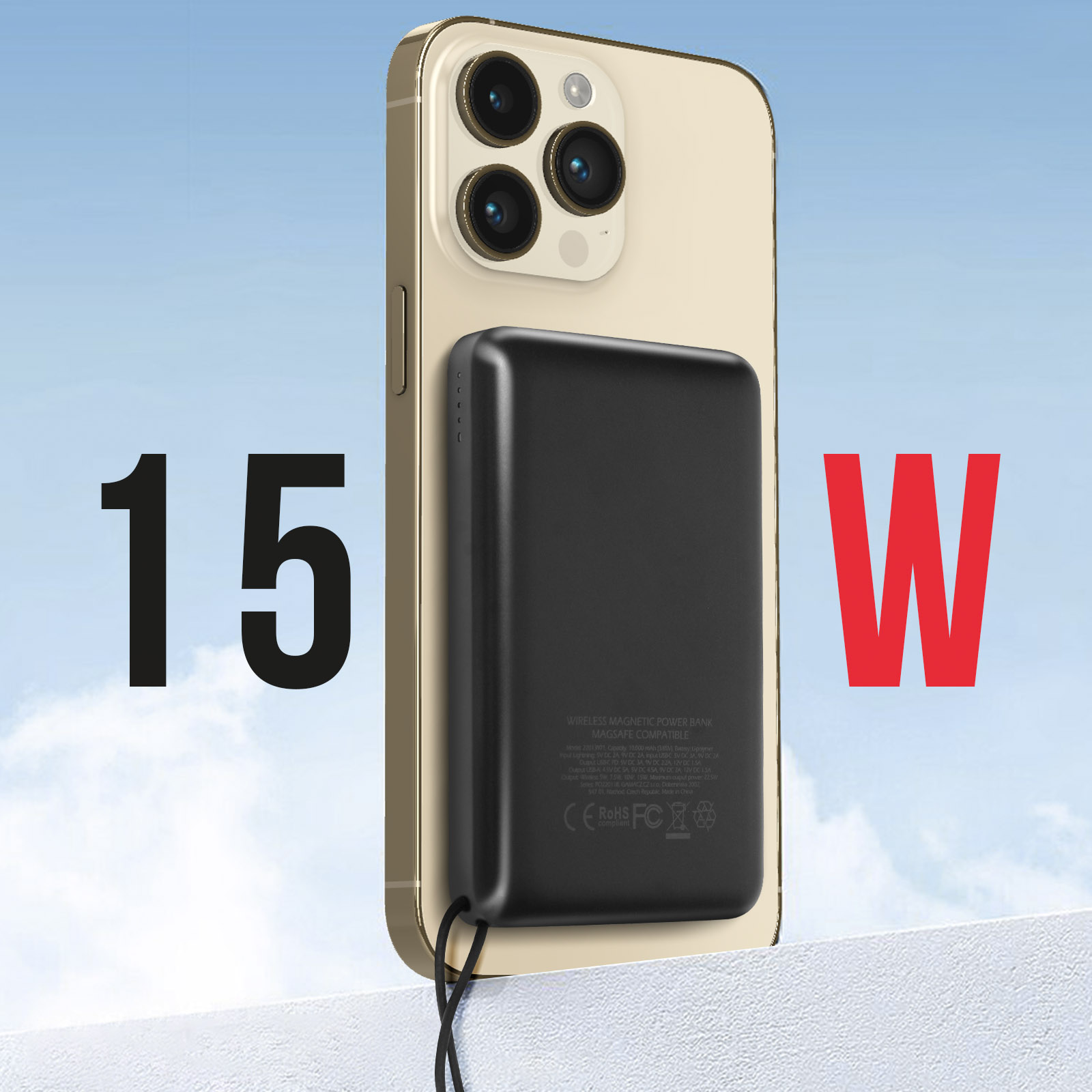 Telefon mit schwarzer Powerbank, mit 15W Text.