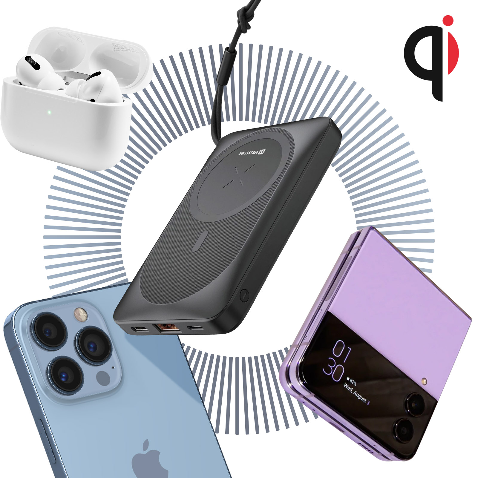Eine Sammlung von technischen Geräten: Telefon, Ohrhörer, Powerbank und ein faltbares Telefon, alles auf weißem Hintergrund.