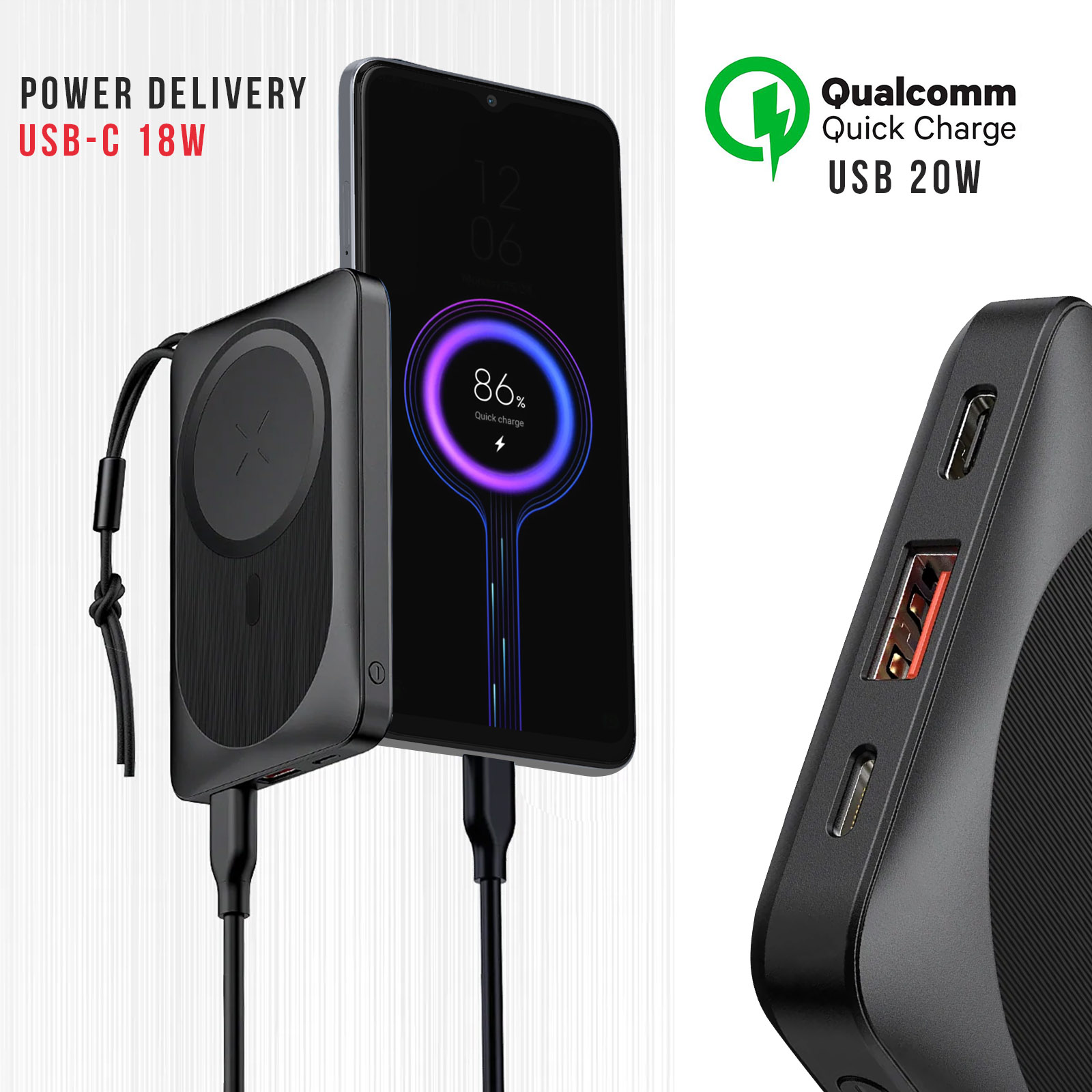 Schwarze Powerbank lädt ein Telefon auf. Text zeigt Power Delivery und Quick Charge.
