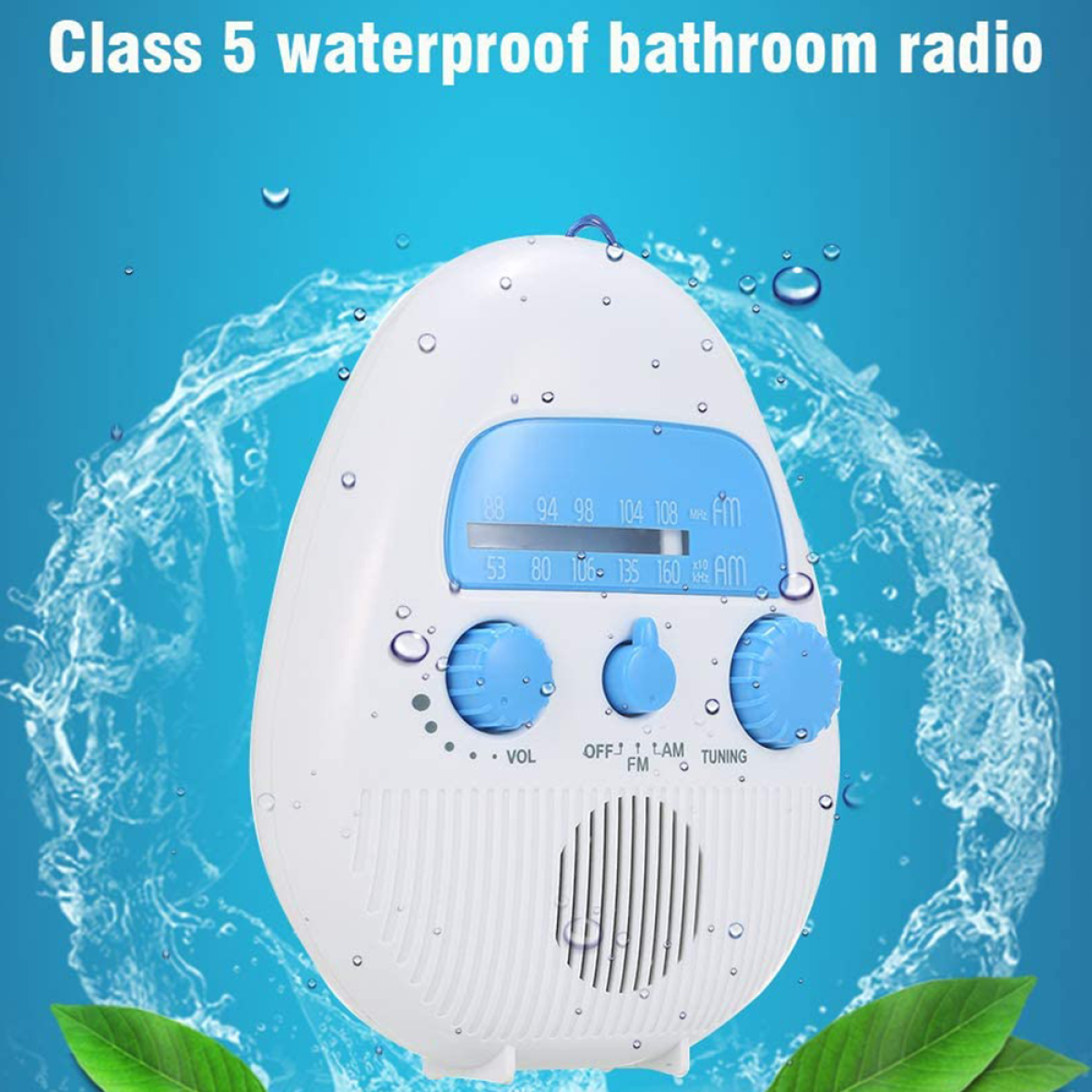 Ein weißes, wasserdichtes Badezimmerradio mit blauen Bedienelementen.