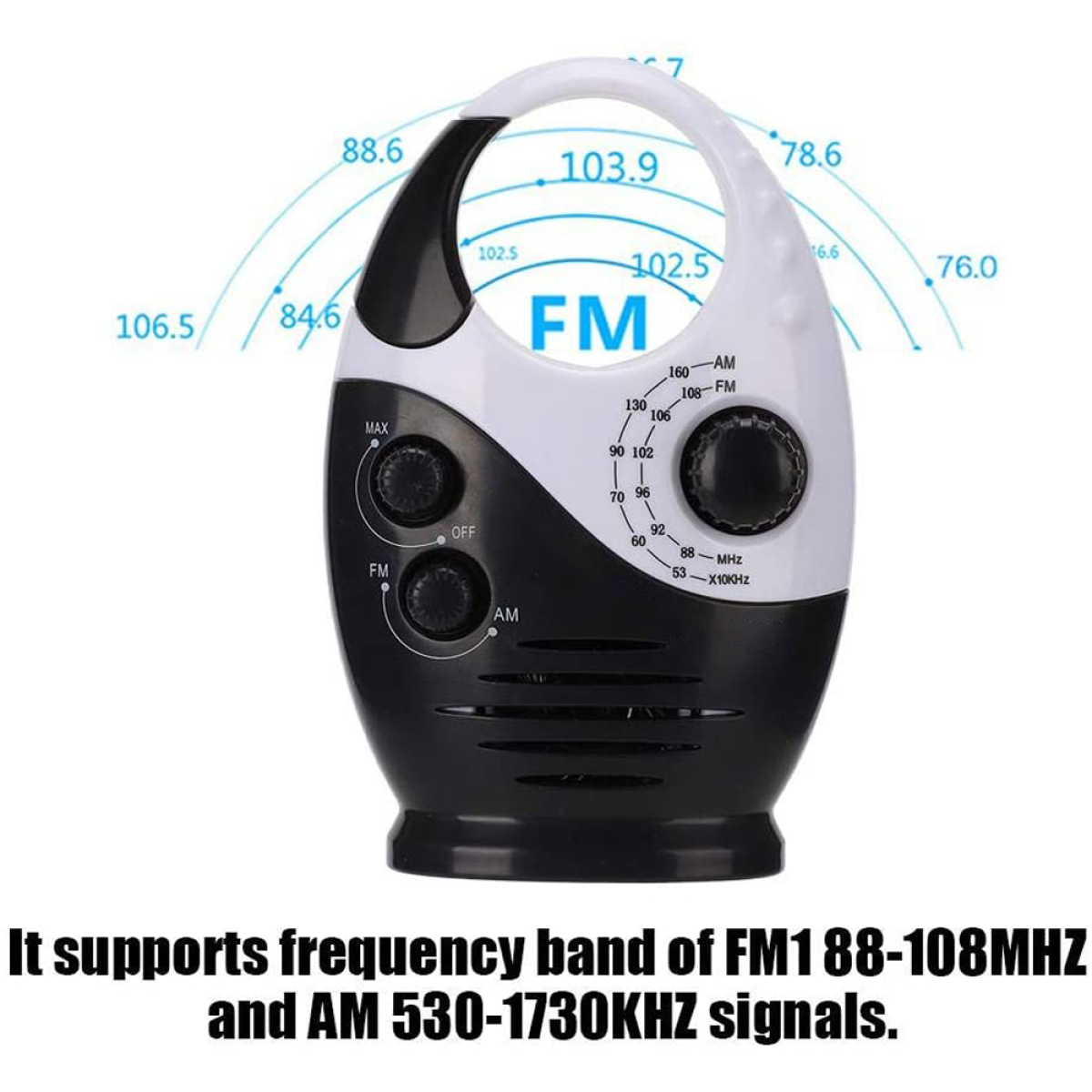 Tragbares schwarz-weißes Radio mit FM- und AM-Frequenzanzeigen.