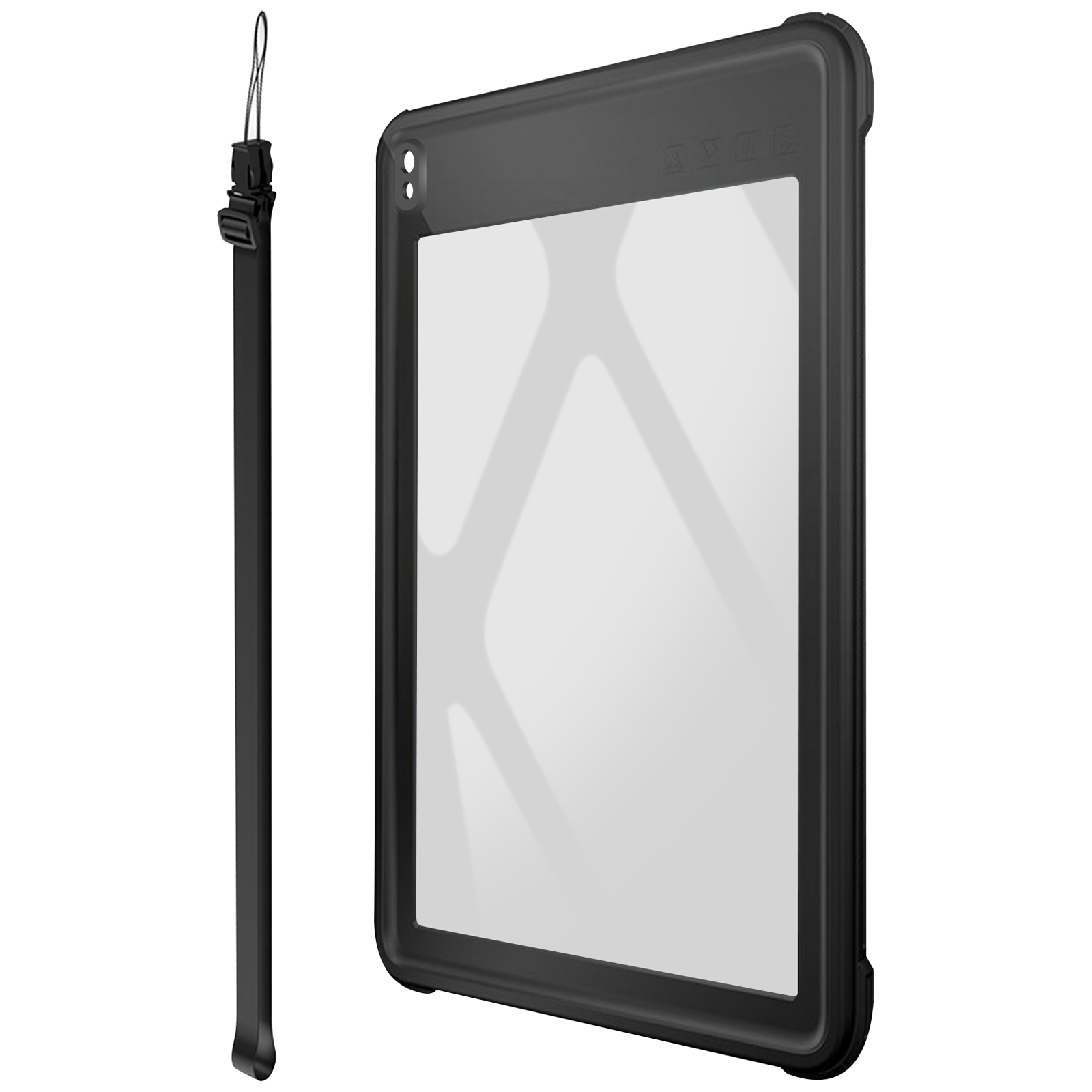 Schwarzes Tablet in einer Hülle mit Riemen, mit weißem Bildschirm.