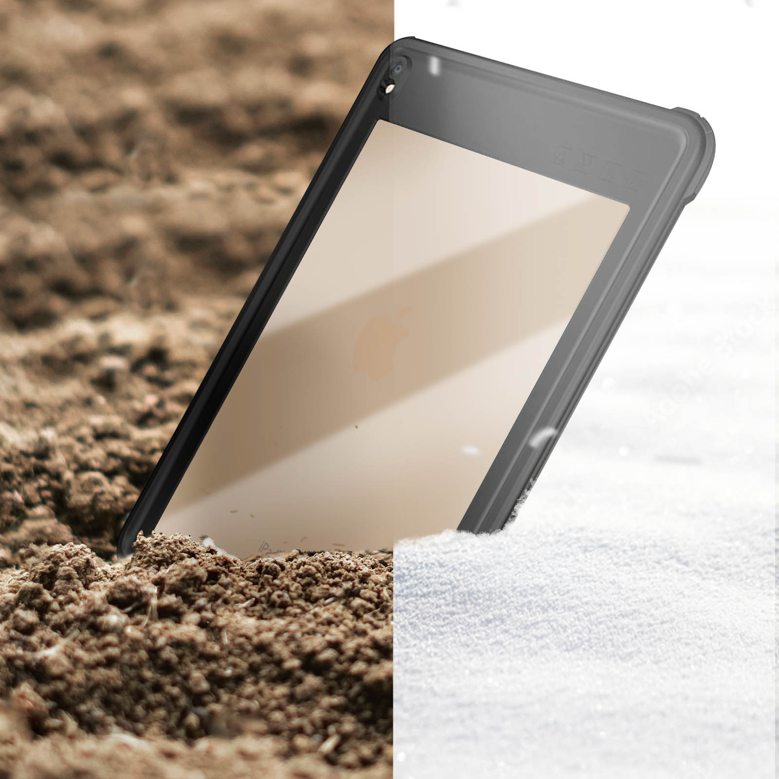 Tablet in schwarzer Hülle, halb im Schnee und halb im Schmutz, zeigt Haltbarkeit.