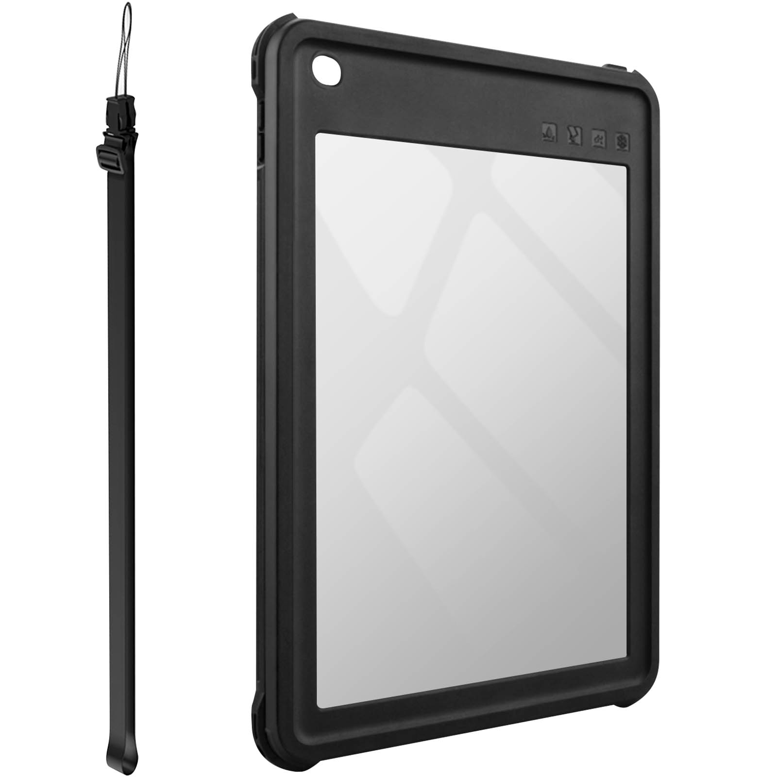 Custodia per tablet nera con cinturino. La custodia ha uno schermo trasparente e pulsanti in alto.
