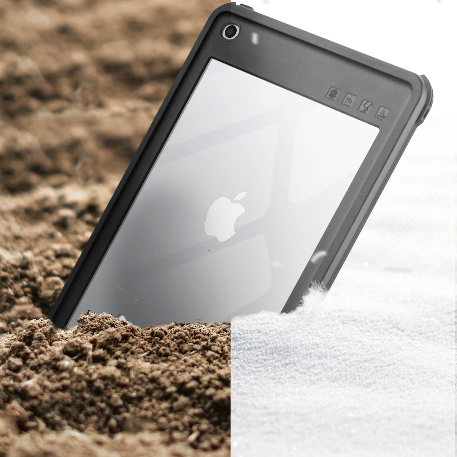 Un tablet racchiuso in una custodia nera impermeabile è posizionato nella sabbia e nella neve.