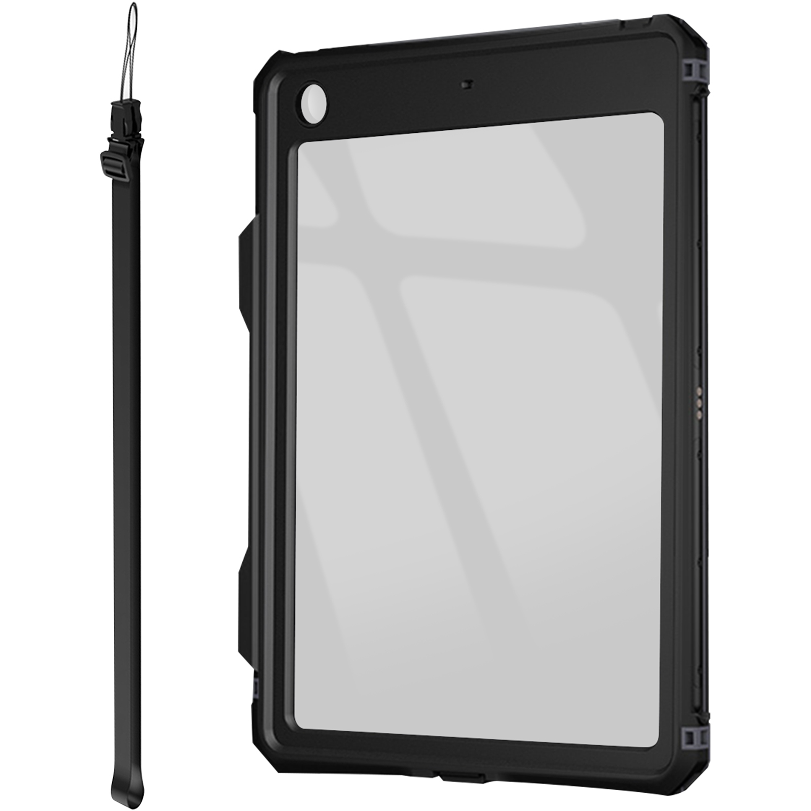 Schwarze Tablet-Hülle mit Riemen. Die Hülle hat einen Bildschirmschutz und ist robust.