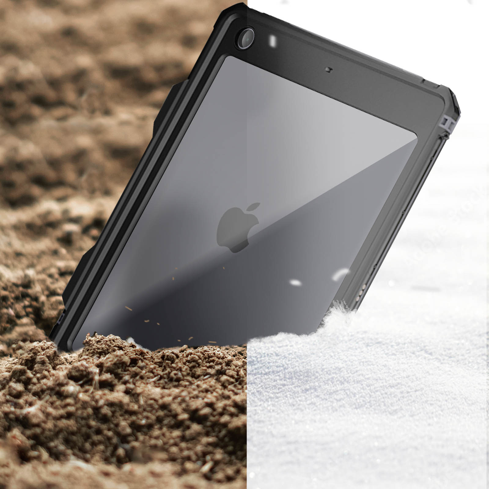 Tablet in schwarzer Hülle, geteilte Szene: Hälfte in Erde, Hälfte in Schnee, mit Logo.