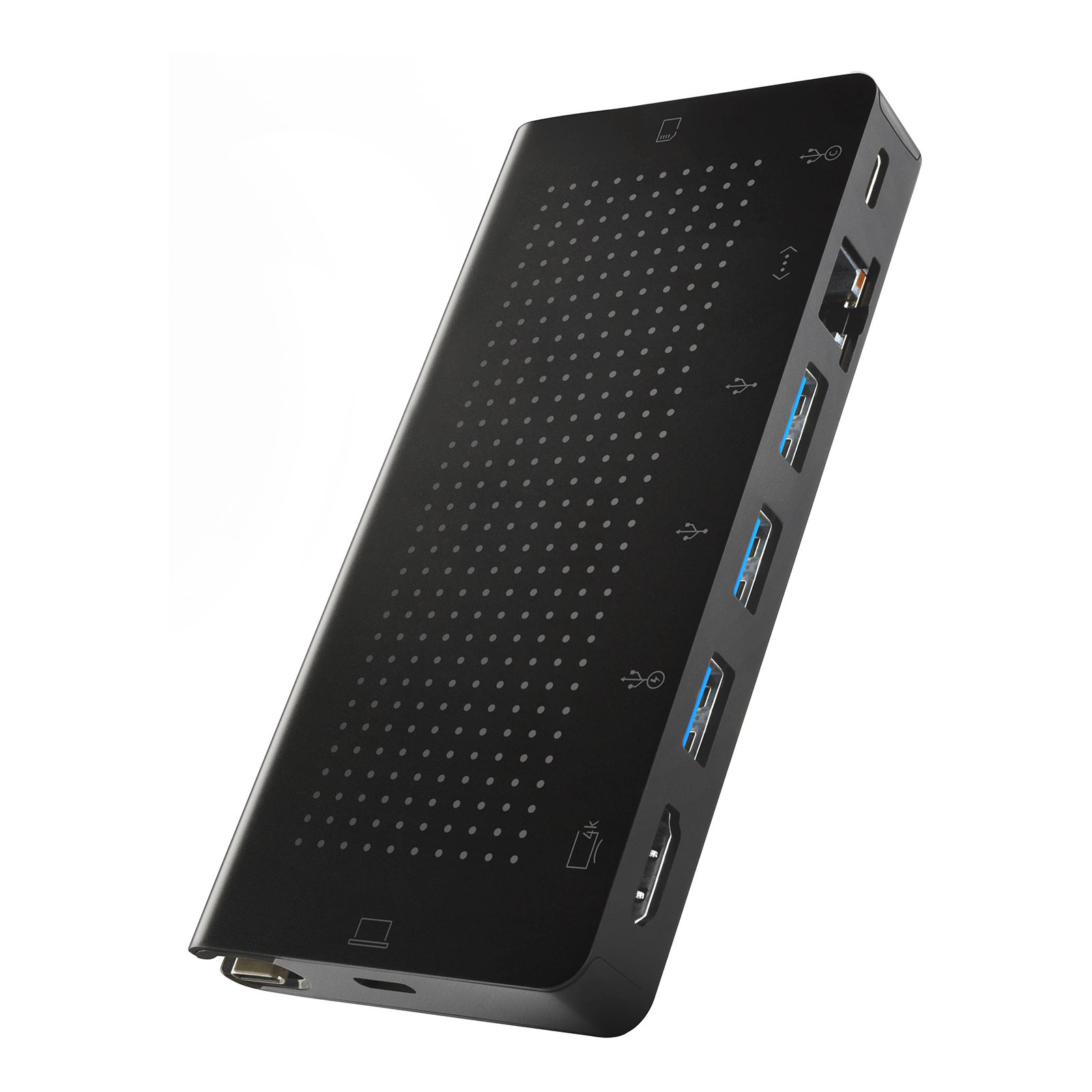 Hub USB-C nero con varie porte: USB, HDMI, Ethernet.