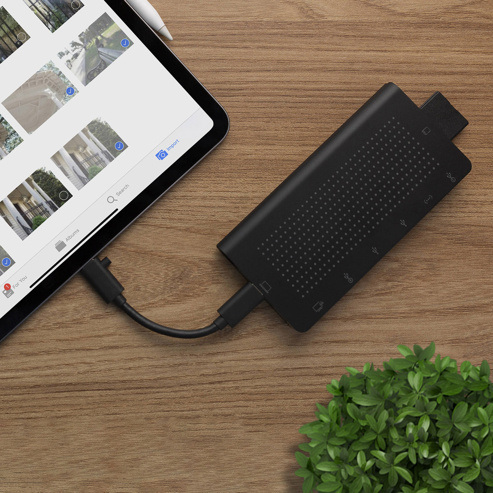 Un adattatore nero collegato a un tablet. Il tablet mostra immagini. Una piccola pianta è sul tavolo.