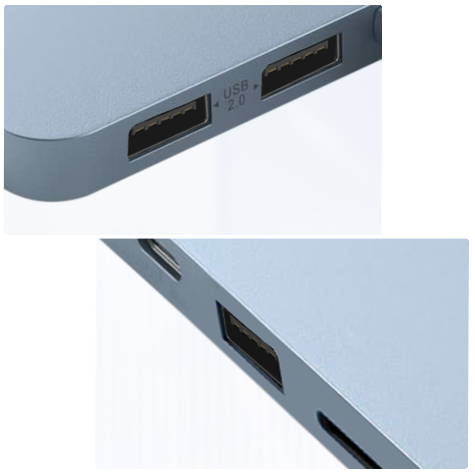 Zwei USB-Anschlüsse an einem blauen Hub, USB 2.0-Label. Auch Anschluss unten.