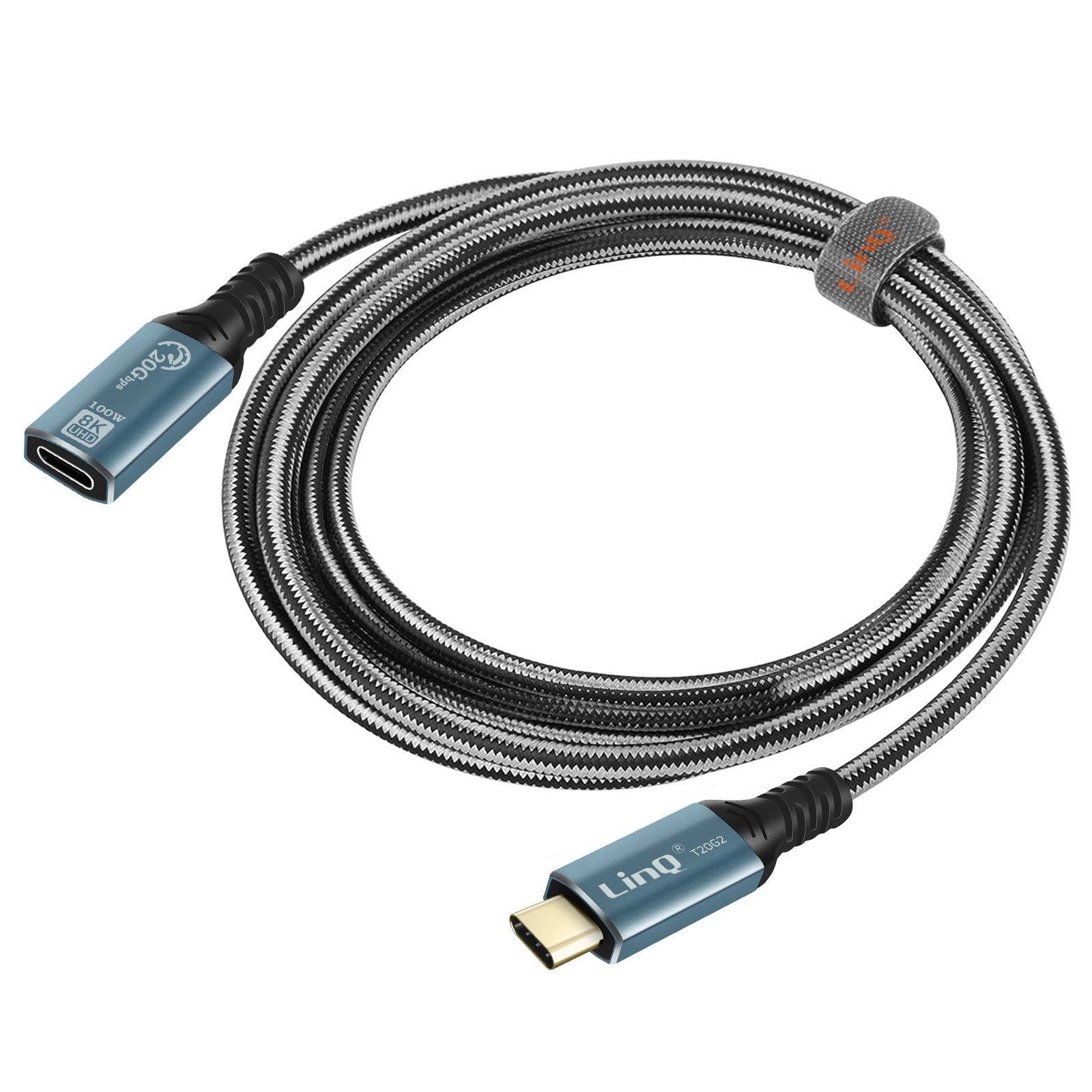 Cavo USB-C nero e grigio con estremità blu e cinturino in velcro.