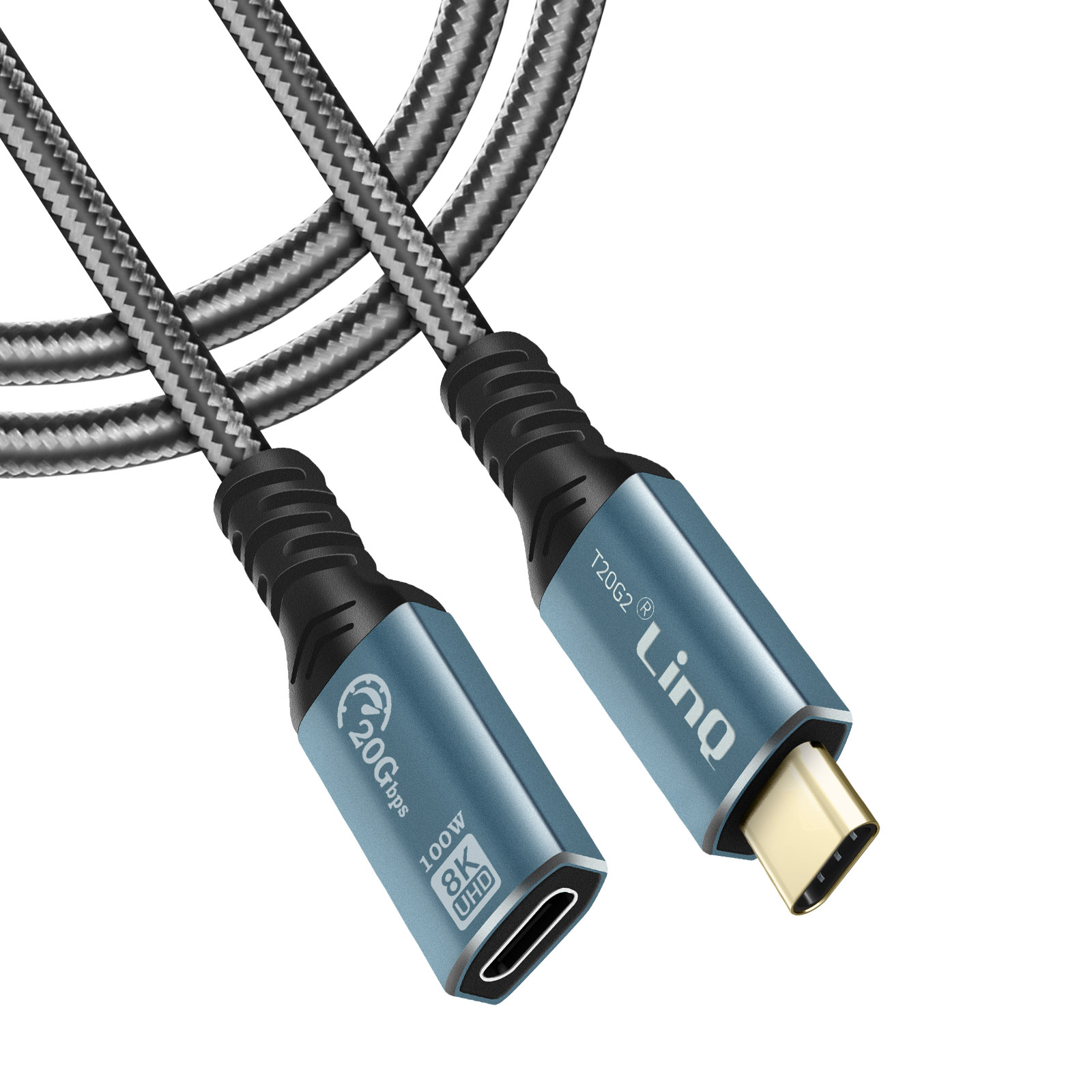 Due cavi USB-C con connettori blu e cavo intrecciato argentato. Sfondo bianco.