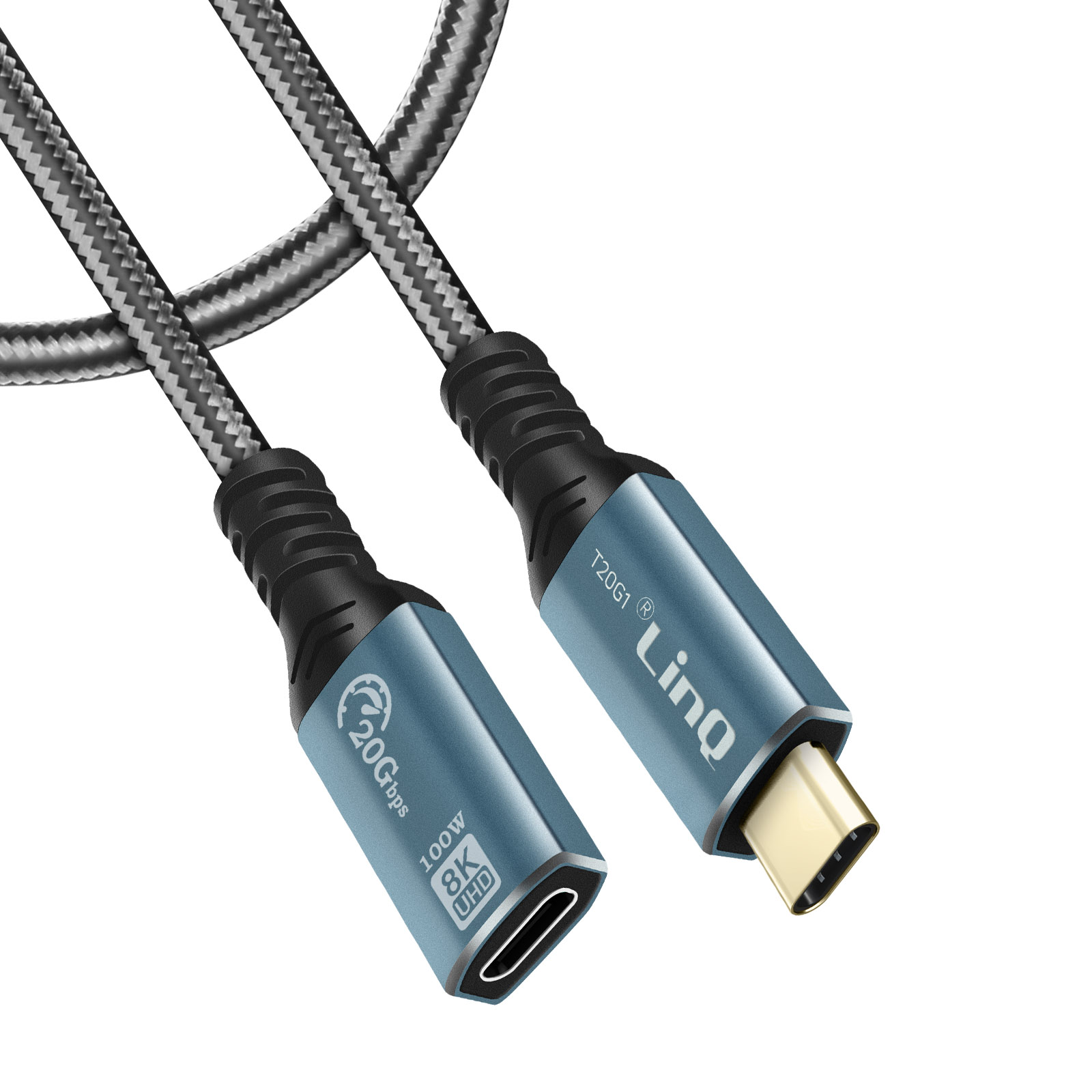 Cavo USB-C intrecciato blu e grigio con connettori blu, etichettato 20 Gbps e 100 W.
