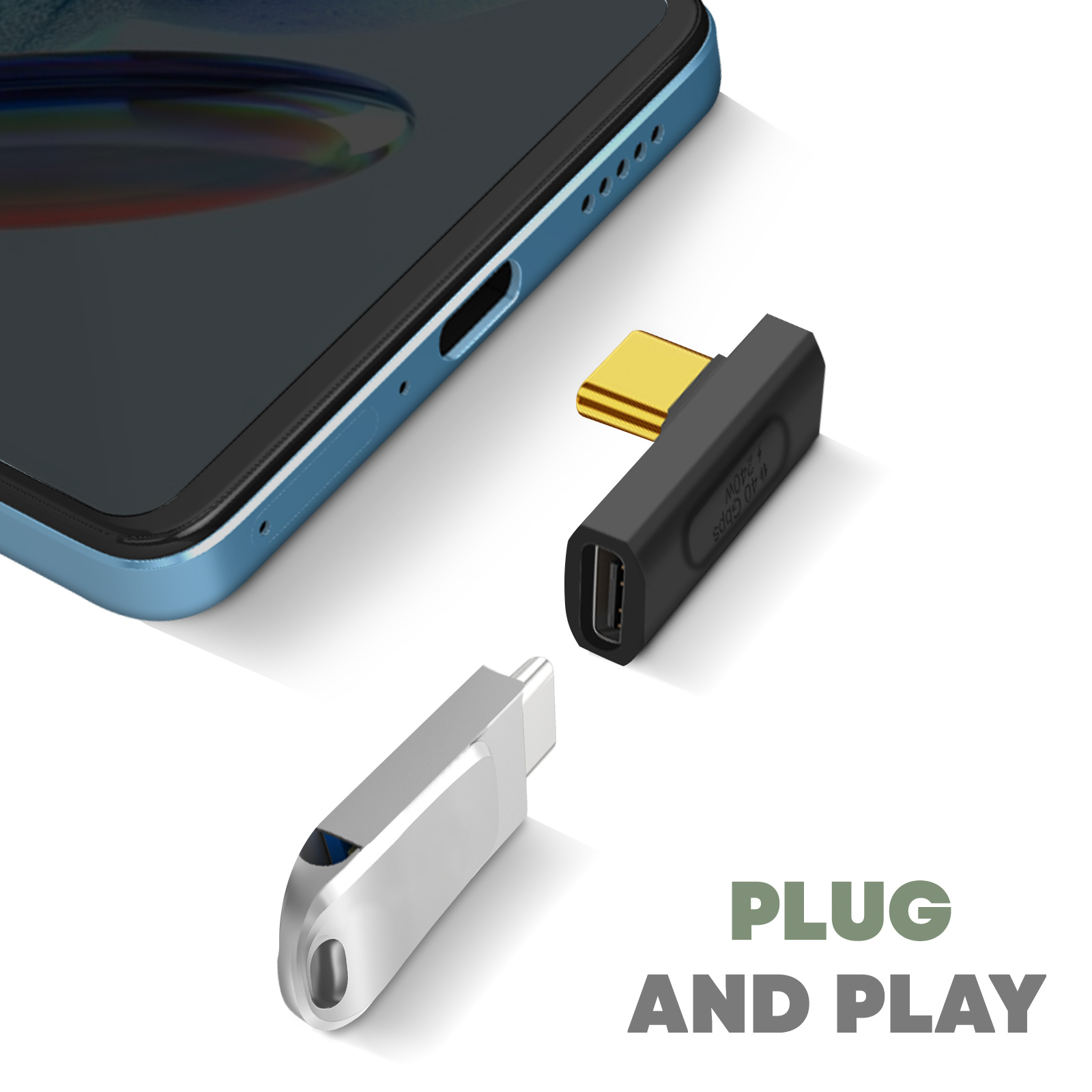 Telefono e adattatori, con testo 'PLUG AND PLAY'. Il telefono è blu.