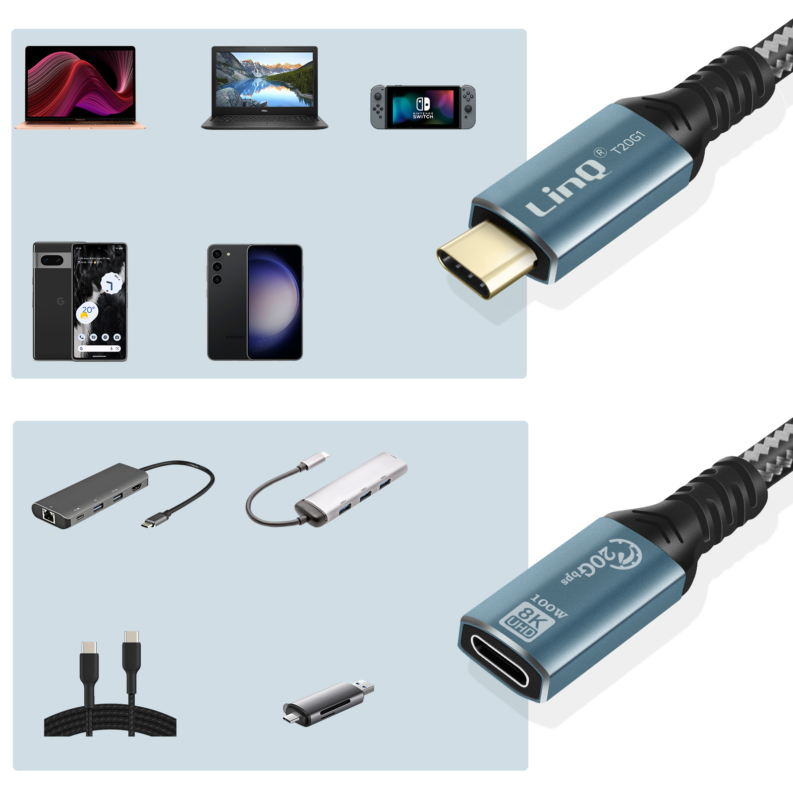 Cavo USB-C con diversi dispositivi e porte, inclusi telefoni e laptop.
