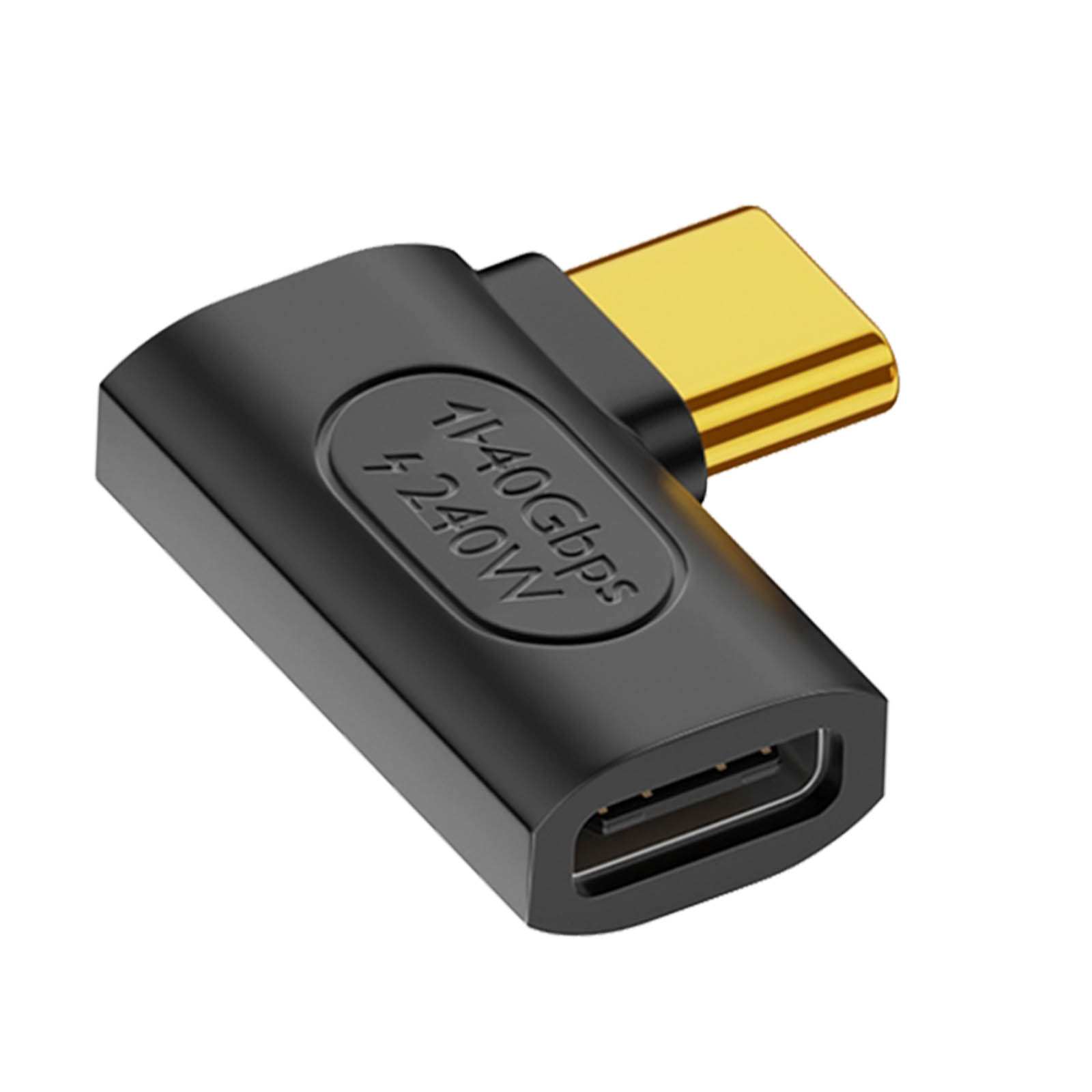 Un adattatore USB-C nero angolato con un'estremità dorata e porta USB. Su sfondo bianco.