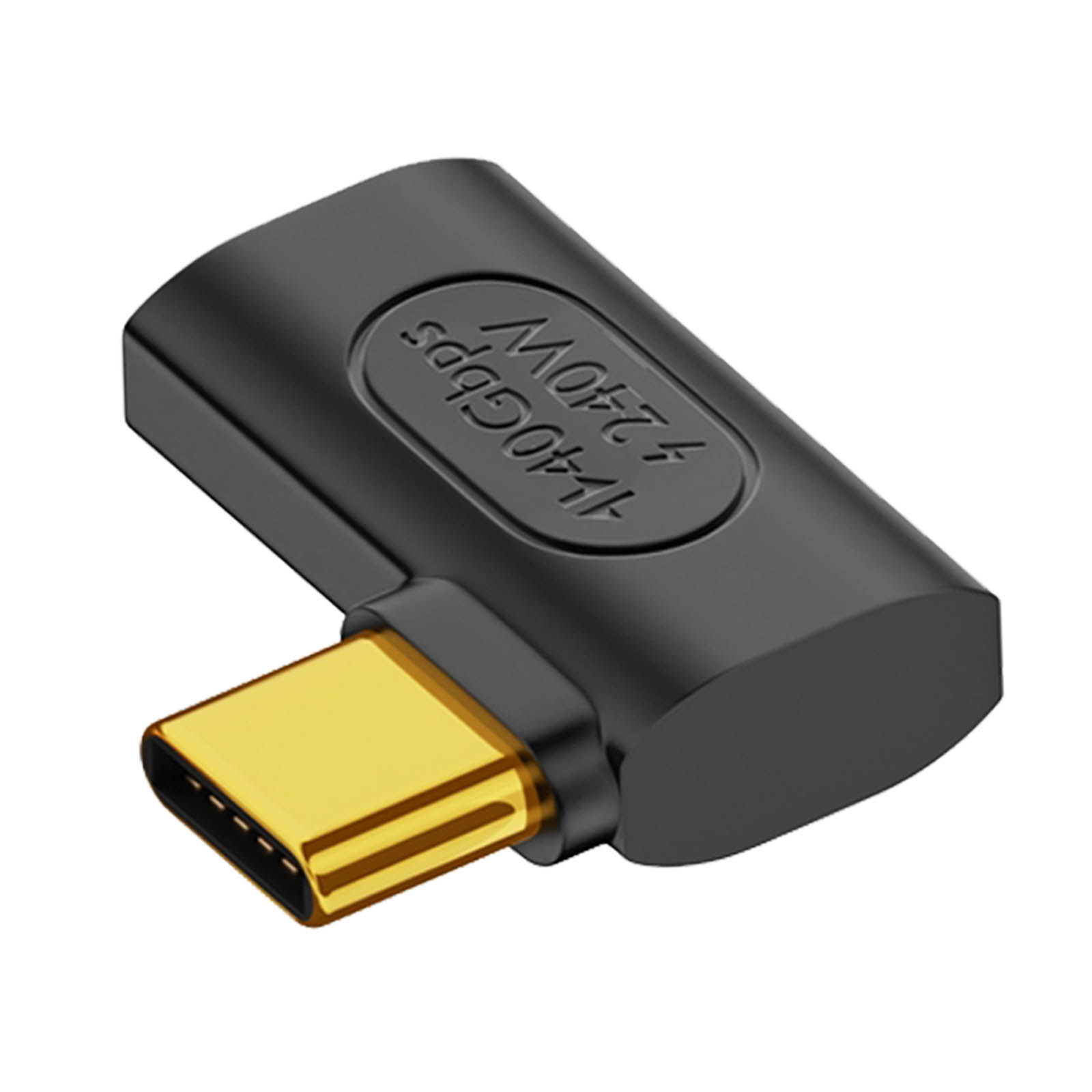 Adattatore USB-C nero con connettore dorato, angolato.