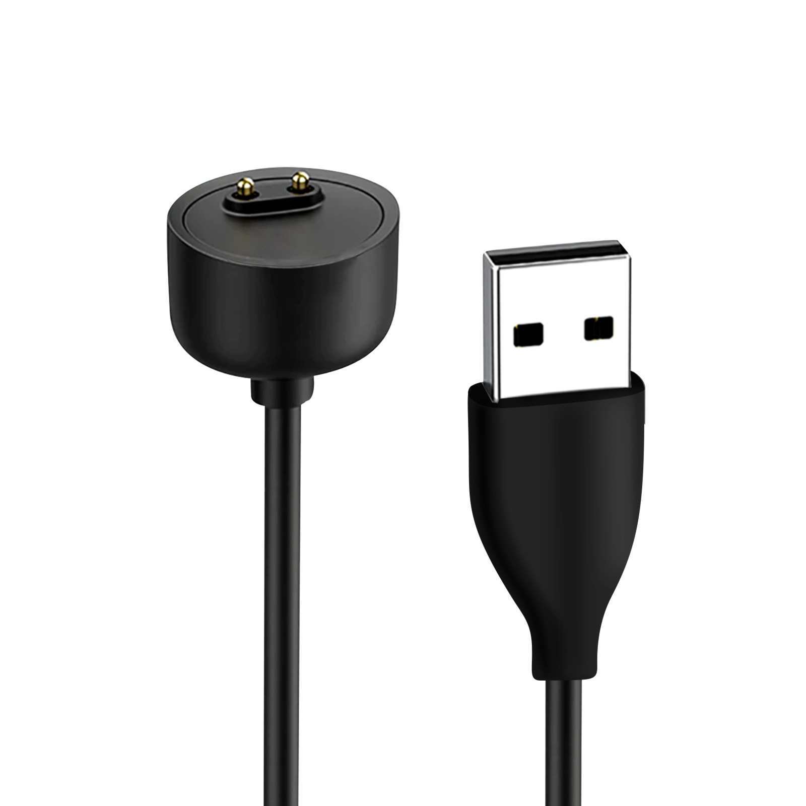 Un cavo di ricarica nero con un connettore USB e una testina di ricarica rotonda su sfondo bianco.