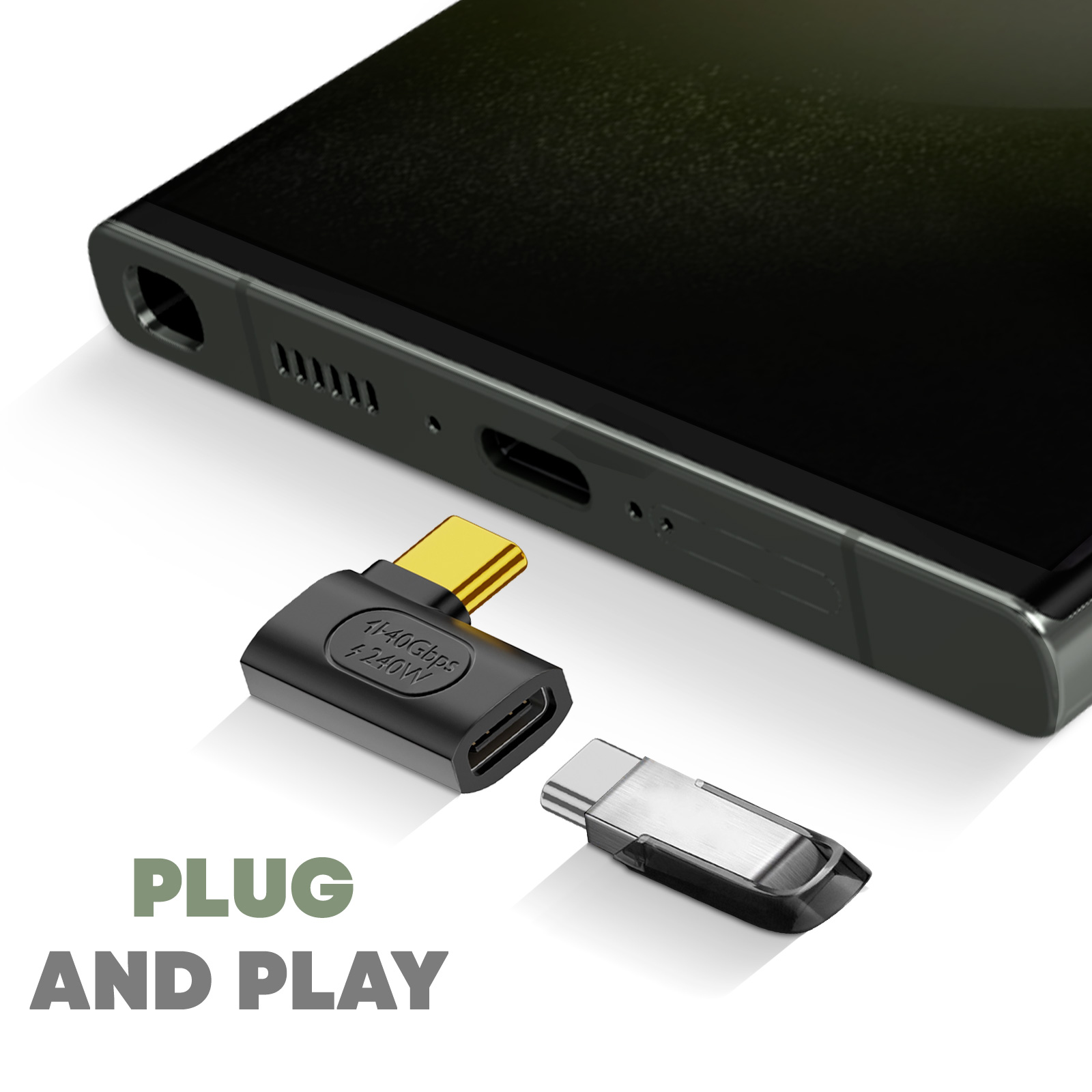 Adattatore USB-C nero collegato a un telefono, con una chiavetta USB.