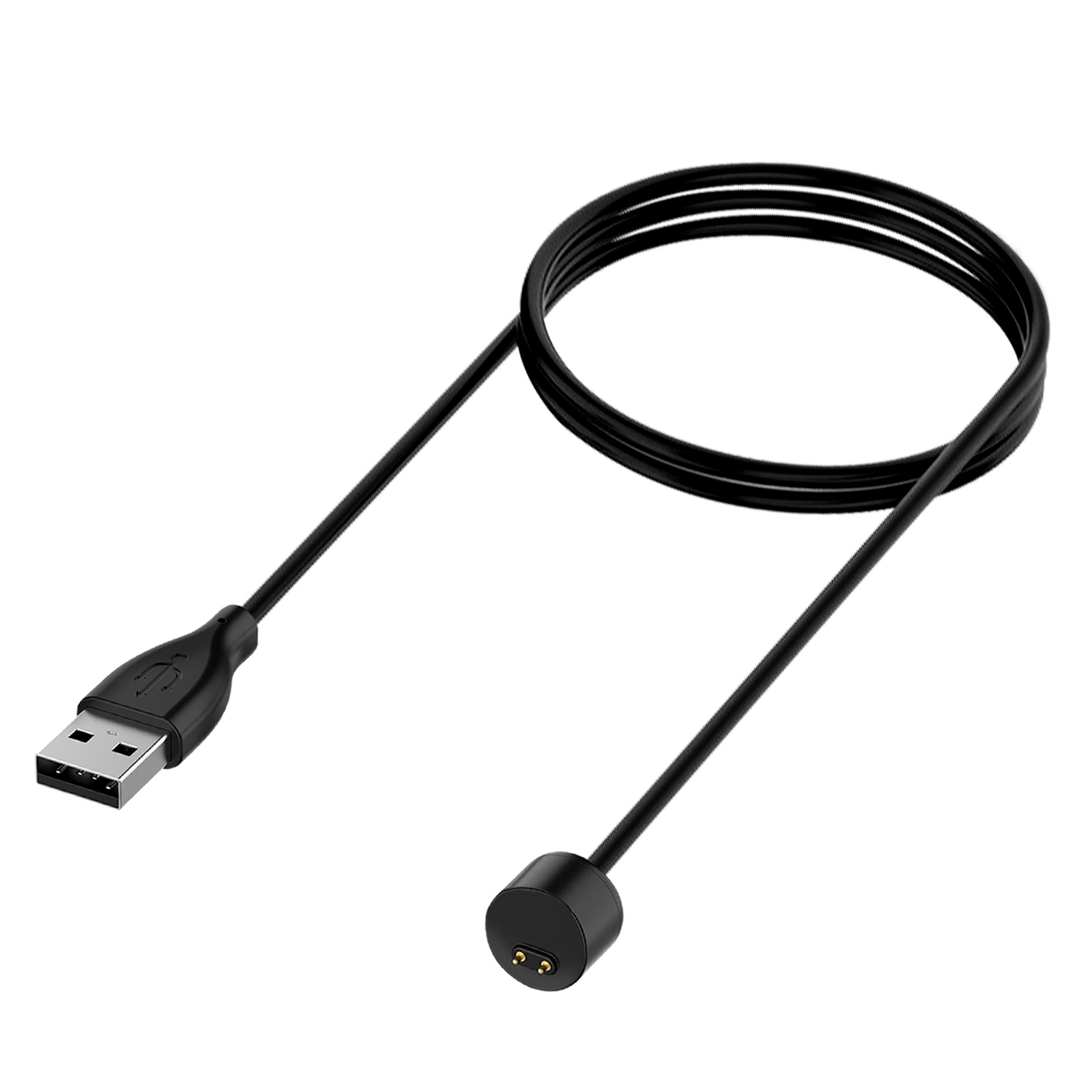 Un cavo di ricarica USB nero con testina di ricarica circolare. Sfondo bianco.