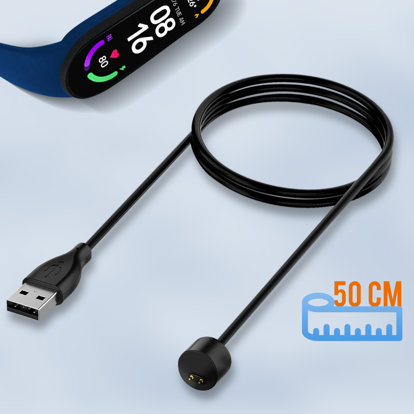 Cavo di ricarica nero per un fitness tracker. Connettore USB a sinistra ed estremità di ricarica a destra.