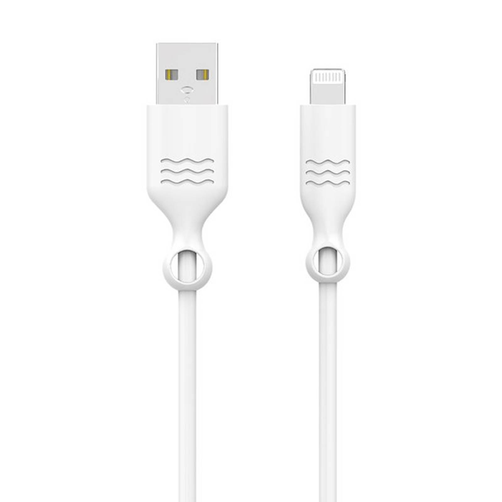 Weißes USB-zu-Lightning-Kabel, mit einem USB- und Lightning-Anschluss.