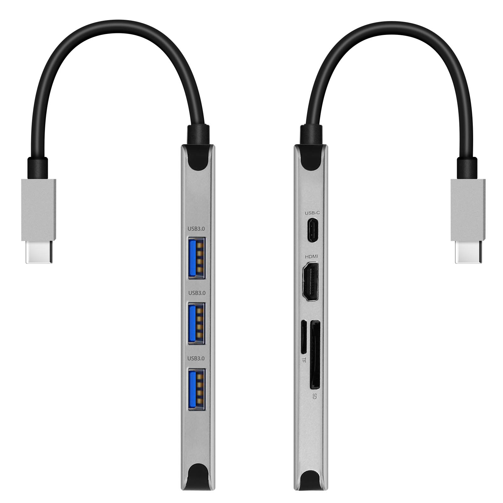 Silberner USB-Hub mit USB 3.0 und anderen Anschlüssen. Kabel sind schwarz. Zwei Seiten gezeigt.