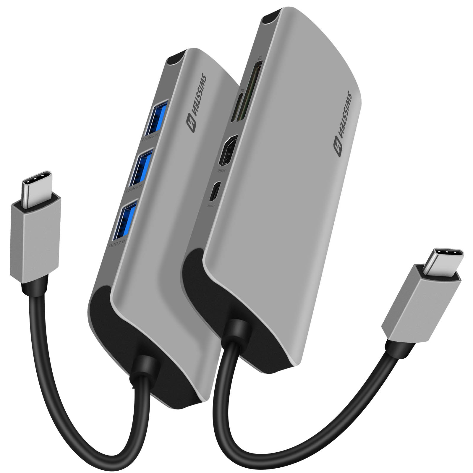 Zwei silberne USB-Hubs mit mehreren Anschlüssen und Kabeln. Sie stehen nebeneinander.