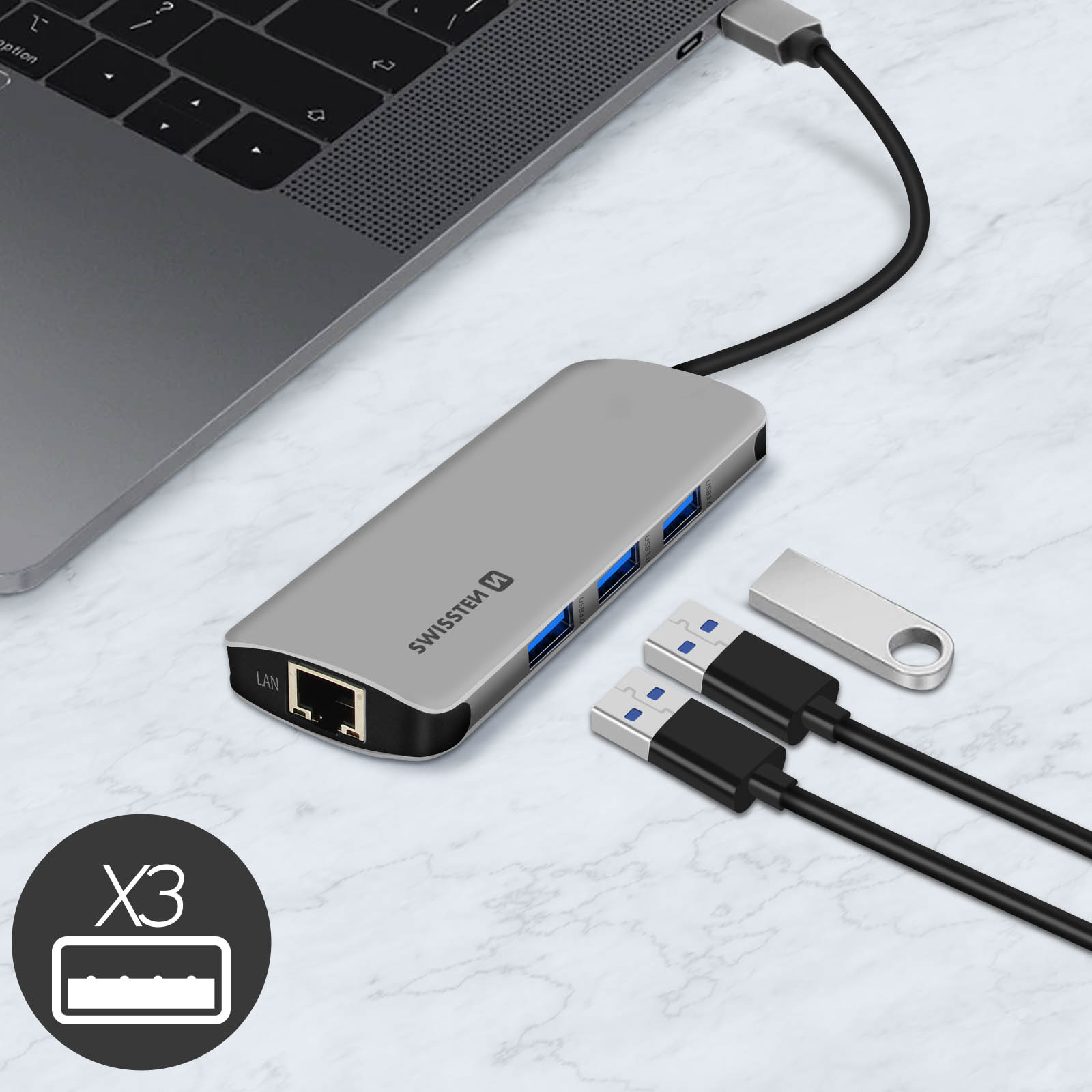 Hub 3.0 USB-C 8-in-1 USB-C Grau USB Universal, SWISSTEN 3x USB-Hub Adapter mit /