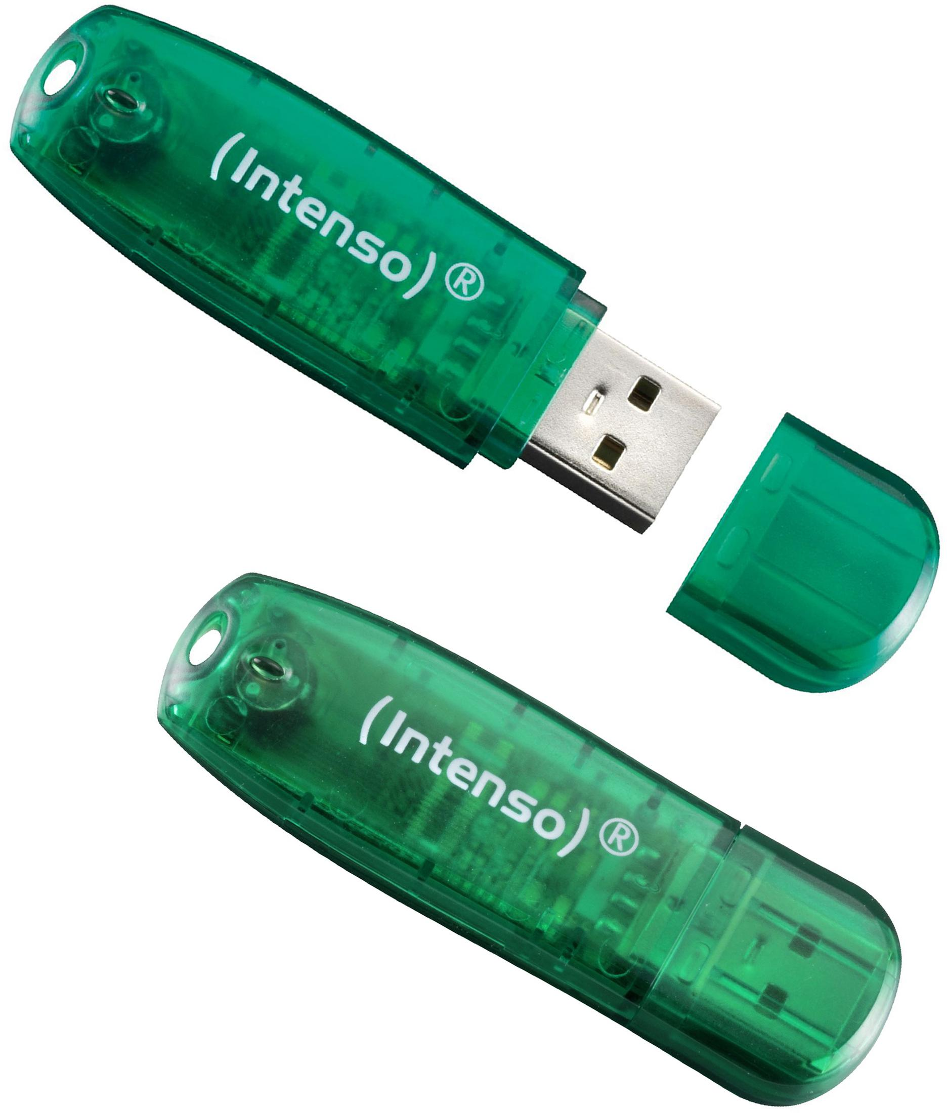 Zielone, przezroczyste pendrive'y USB, jeden z zdjętą nasadką, pokazujący złącze.